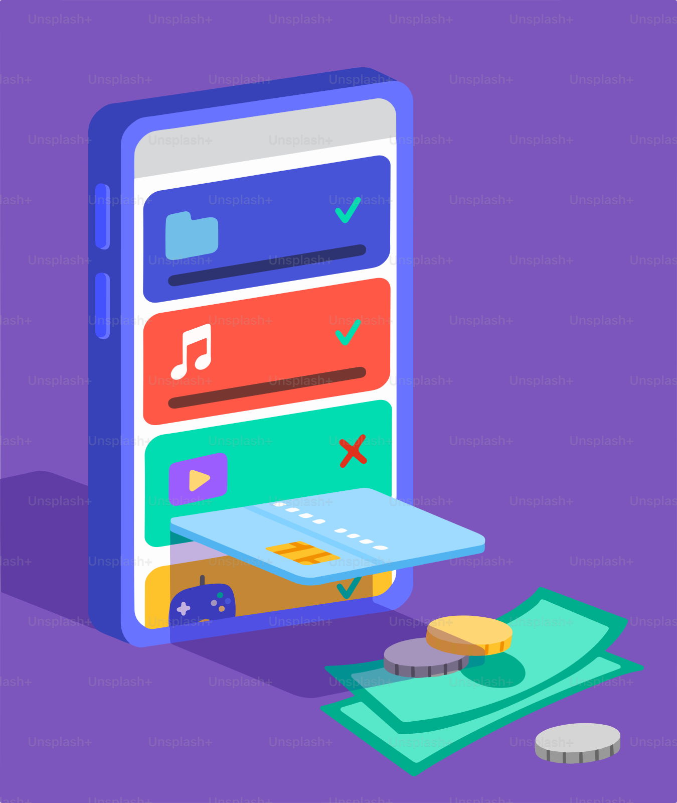 Smartphone avec carte de crédit et argent sur fond violet