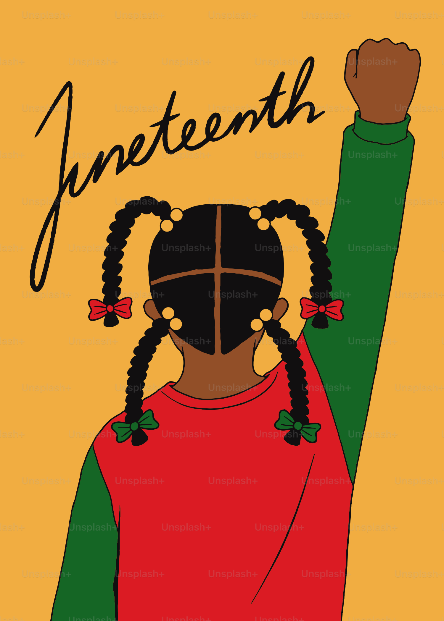 Juneteenth-Feier mit erhobener Faust und geflochtenem Haar.