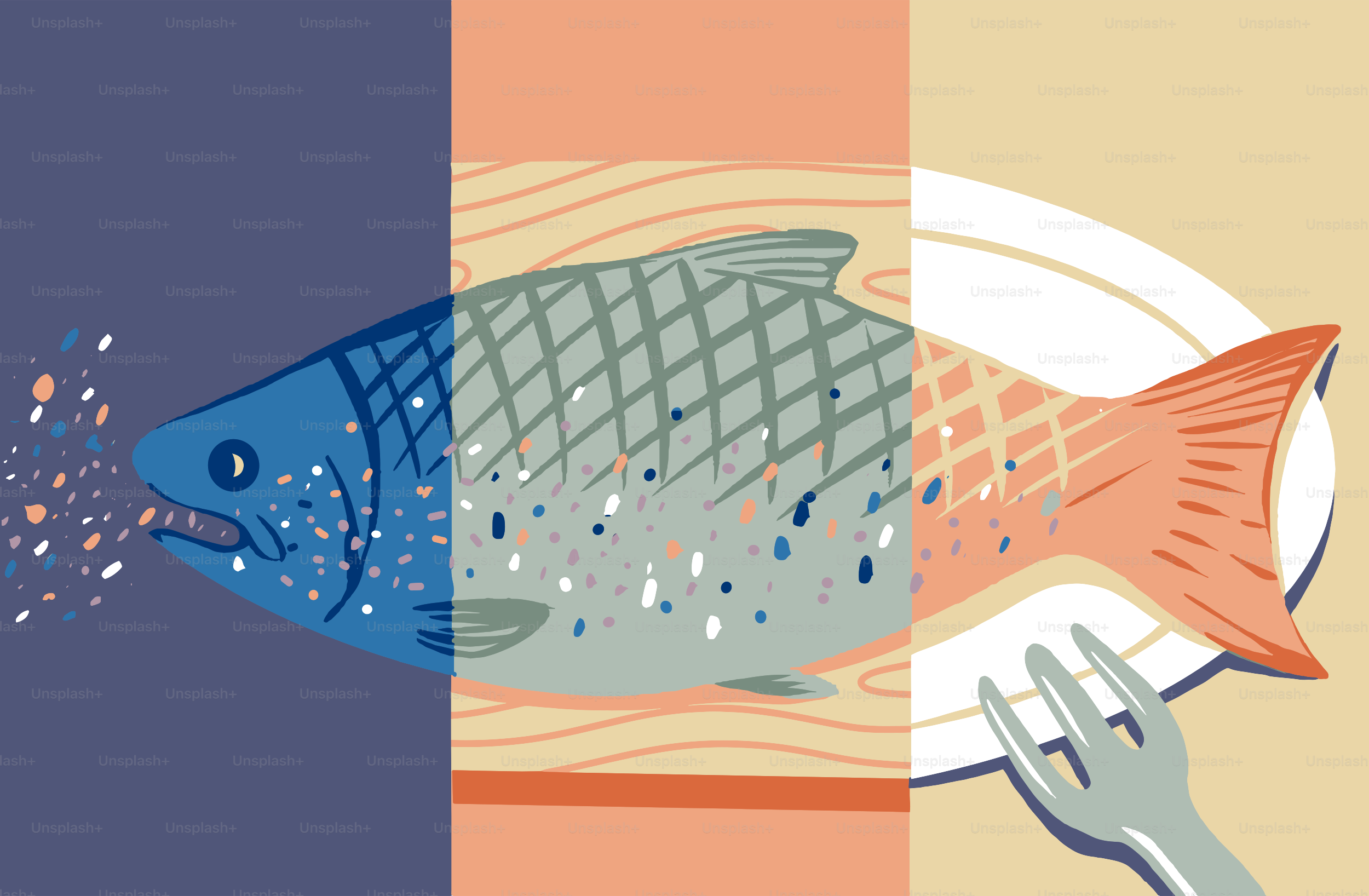 Um peixe estilizado representado em três estágios em um prato