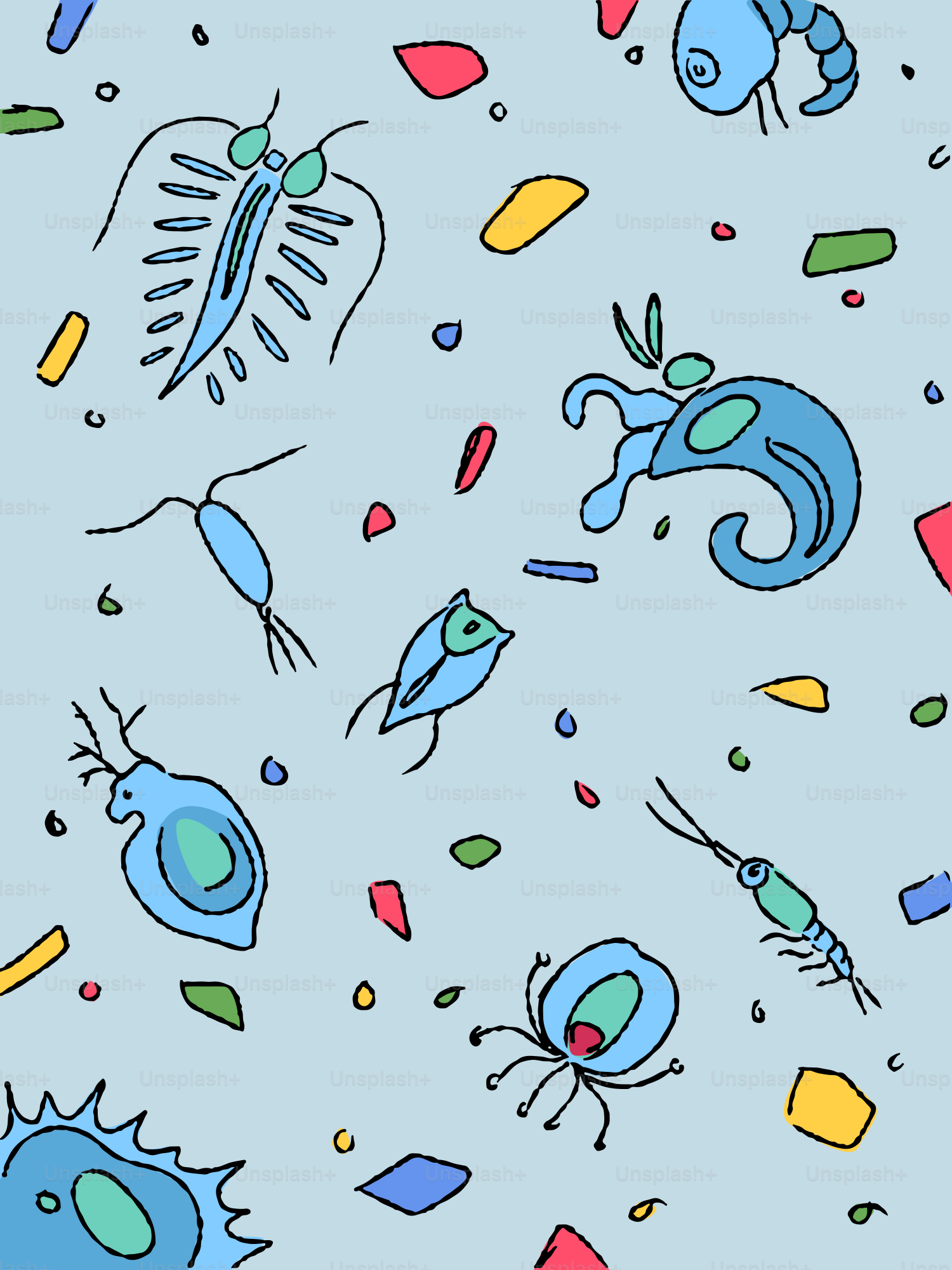 Divers organismes microscopiques et formes colorées sur fond bleu clair