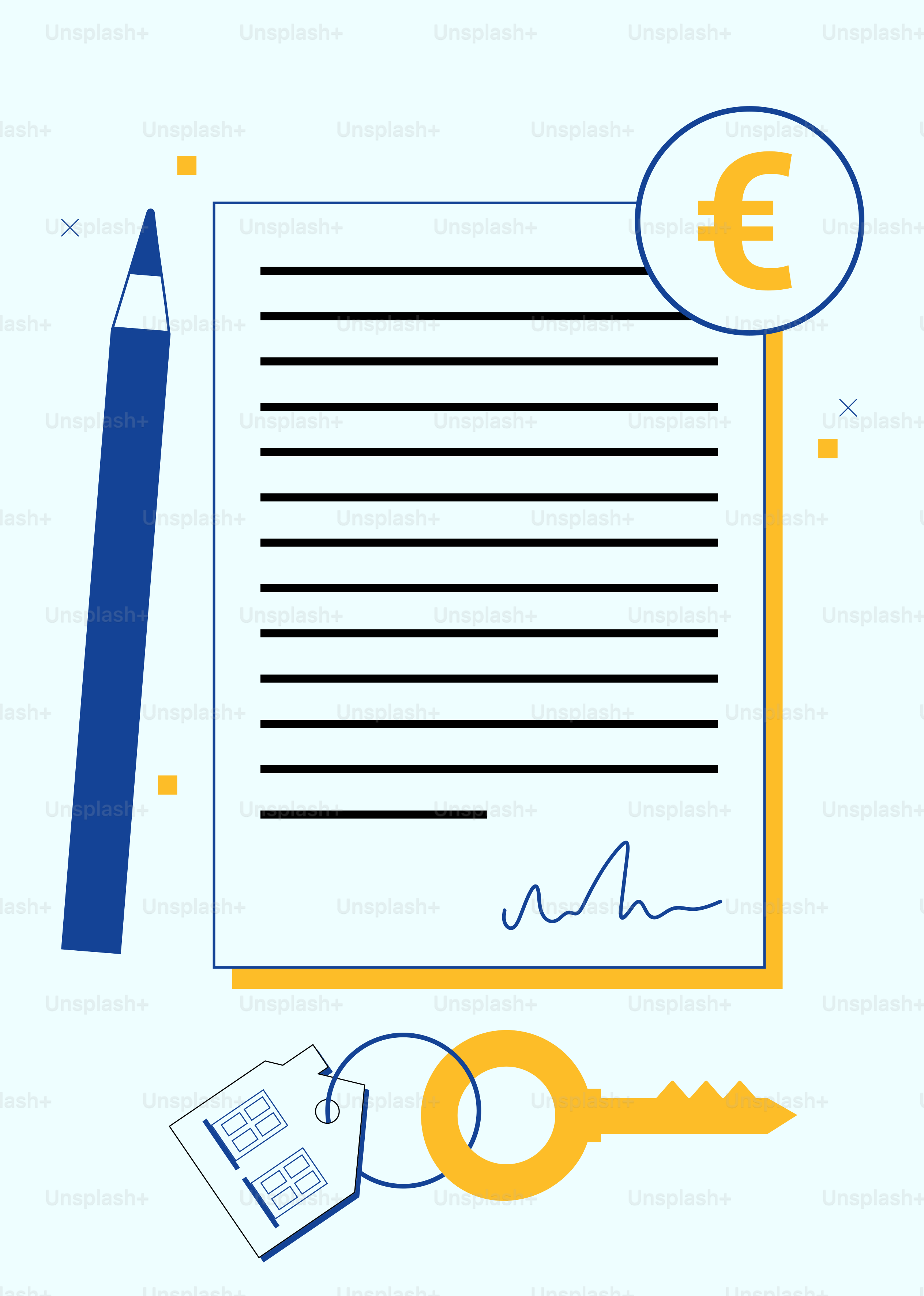 Contratto con simbolo euro, chiave e matita