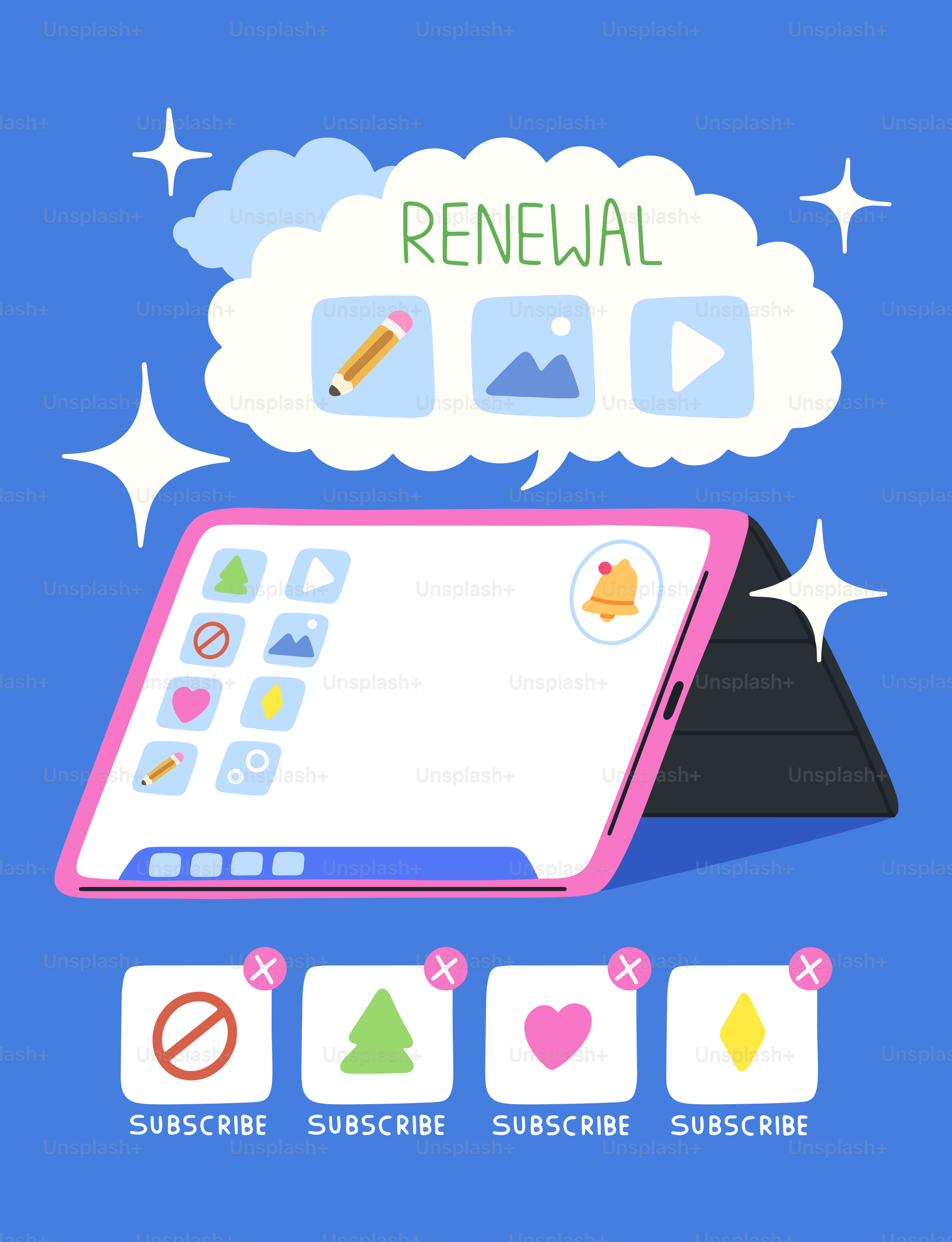 Tablet exibindo ícones com uma nuvem de renovação acima.