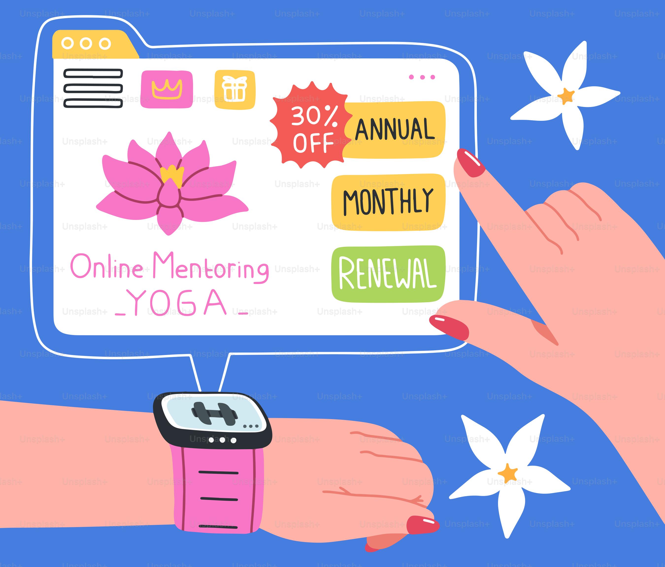 Mulher renovando a assinatura de mentoria online de yoga