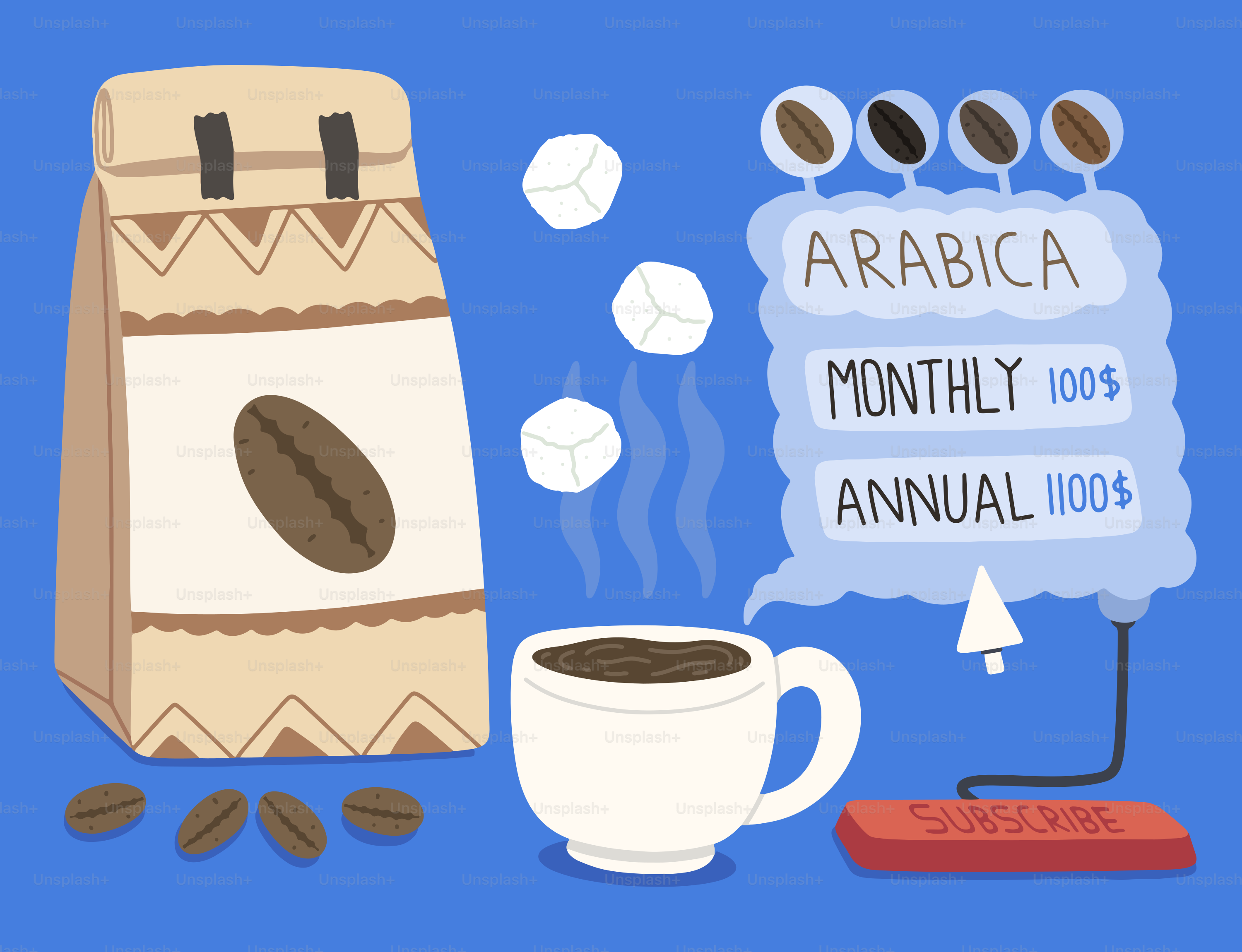Saquinho de café, xícara, cubos de açúcar e detalhes da assinatura