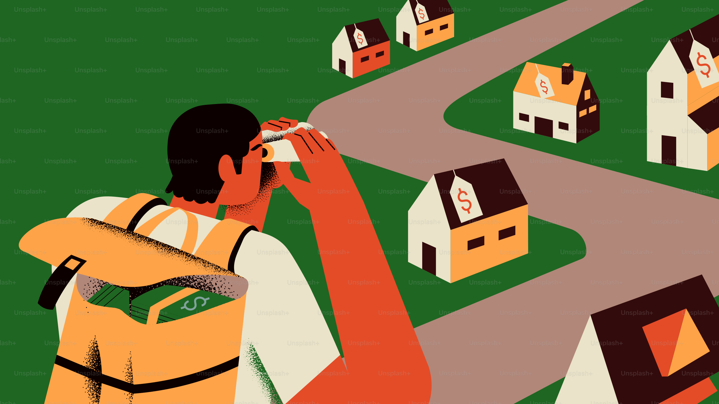 Pria dengan ransel melihat rumah dengan label harga