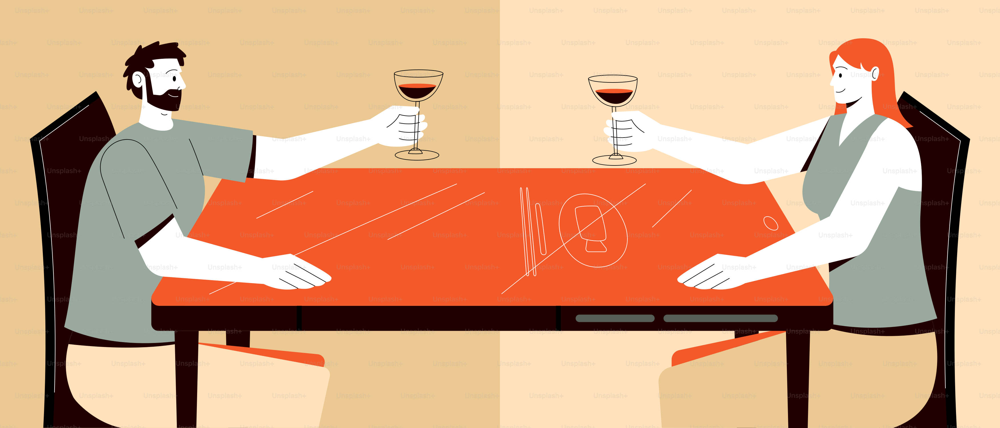 Couple toasting wine glasses across a table.