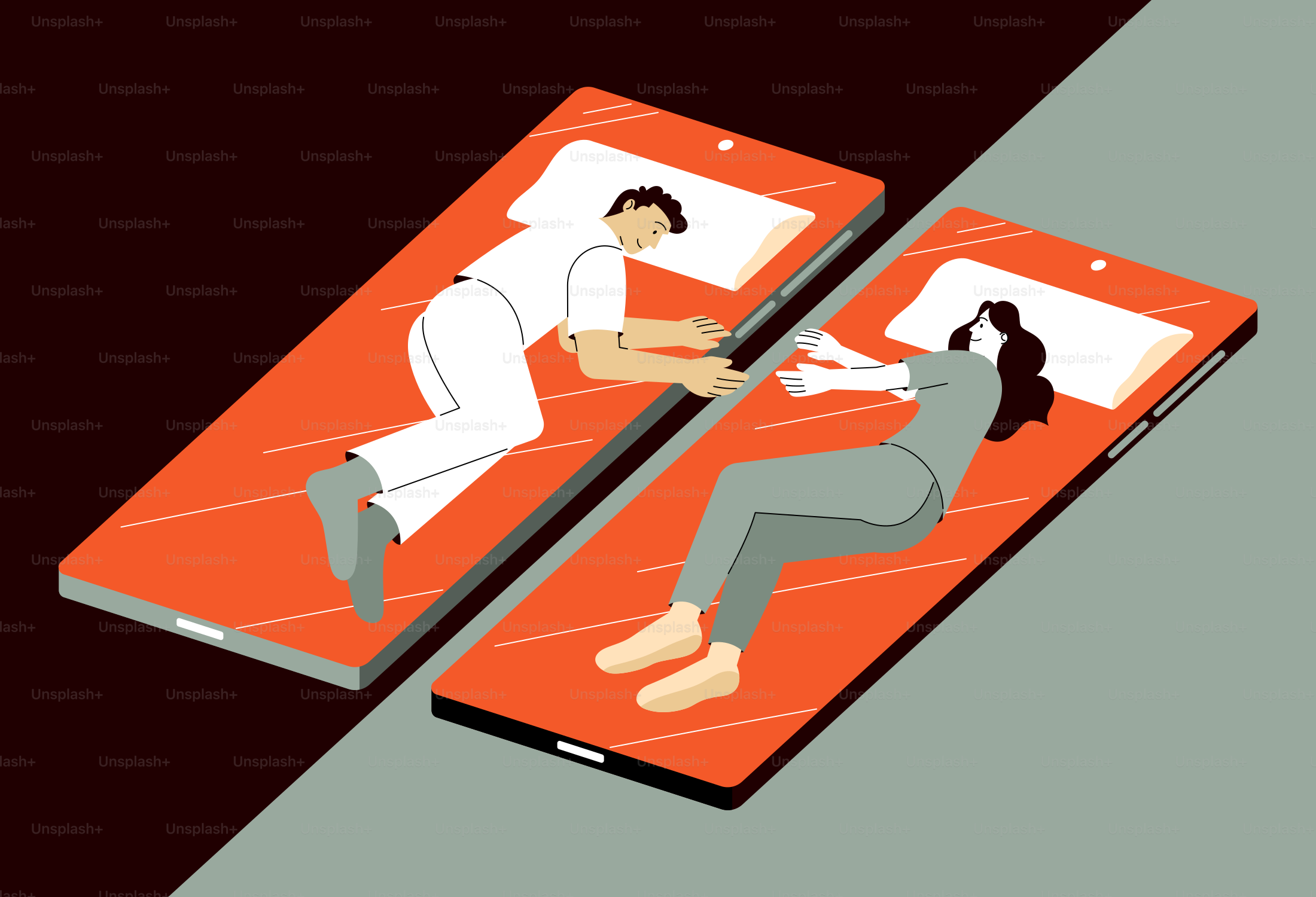 Couple sleeping separately on large phones