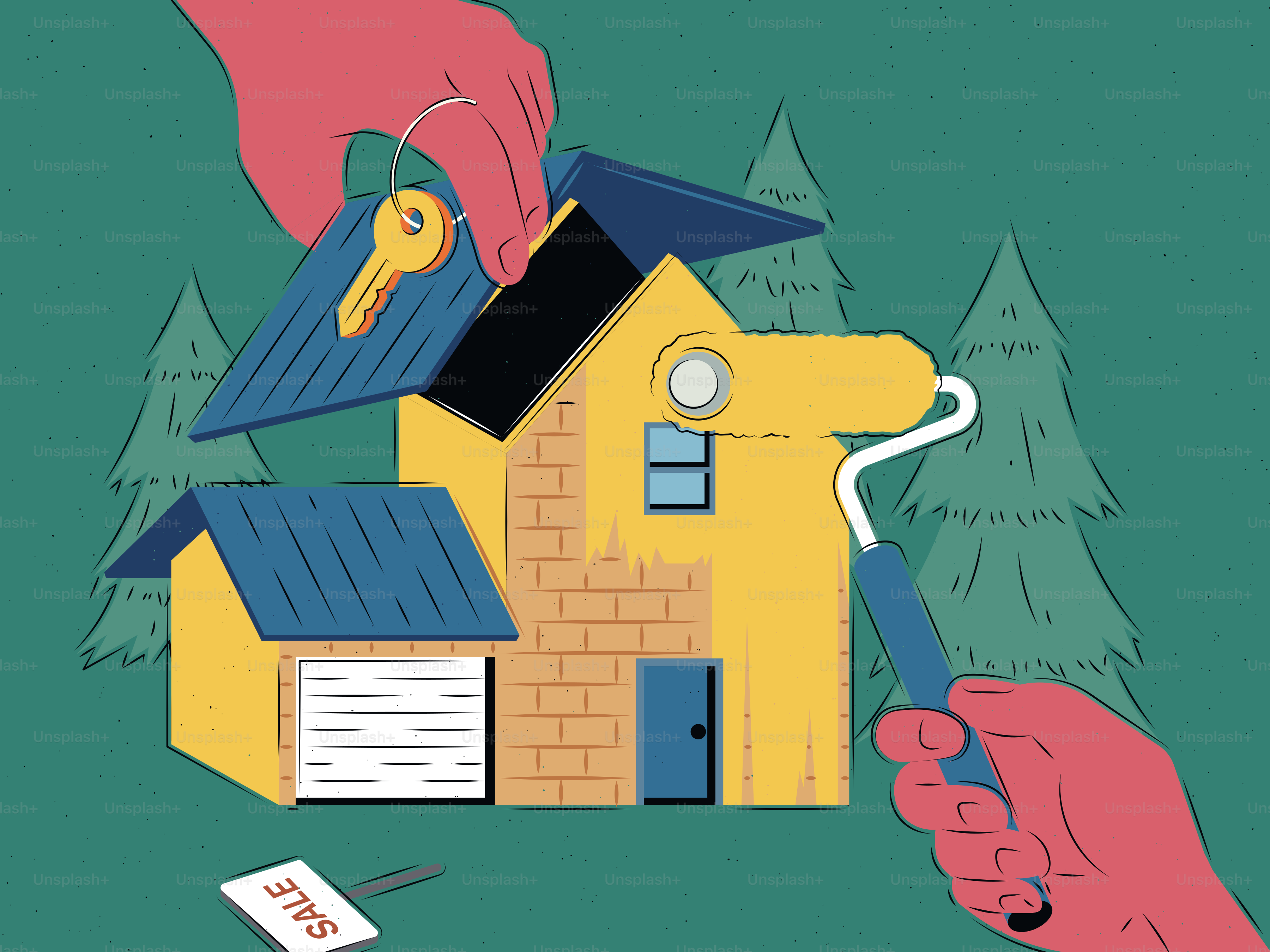 Mani che dipingono una casa con chiavi e etichetta di vendita