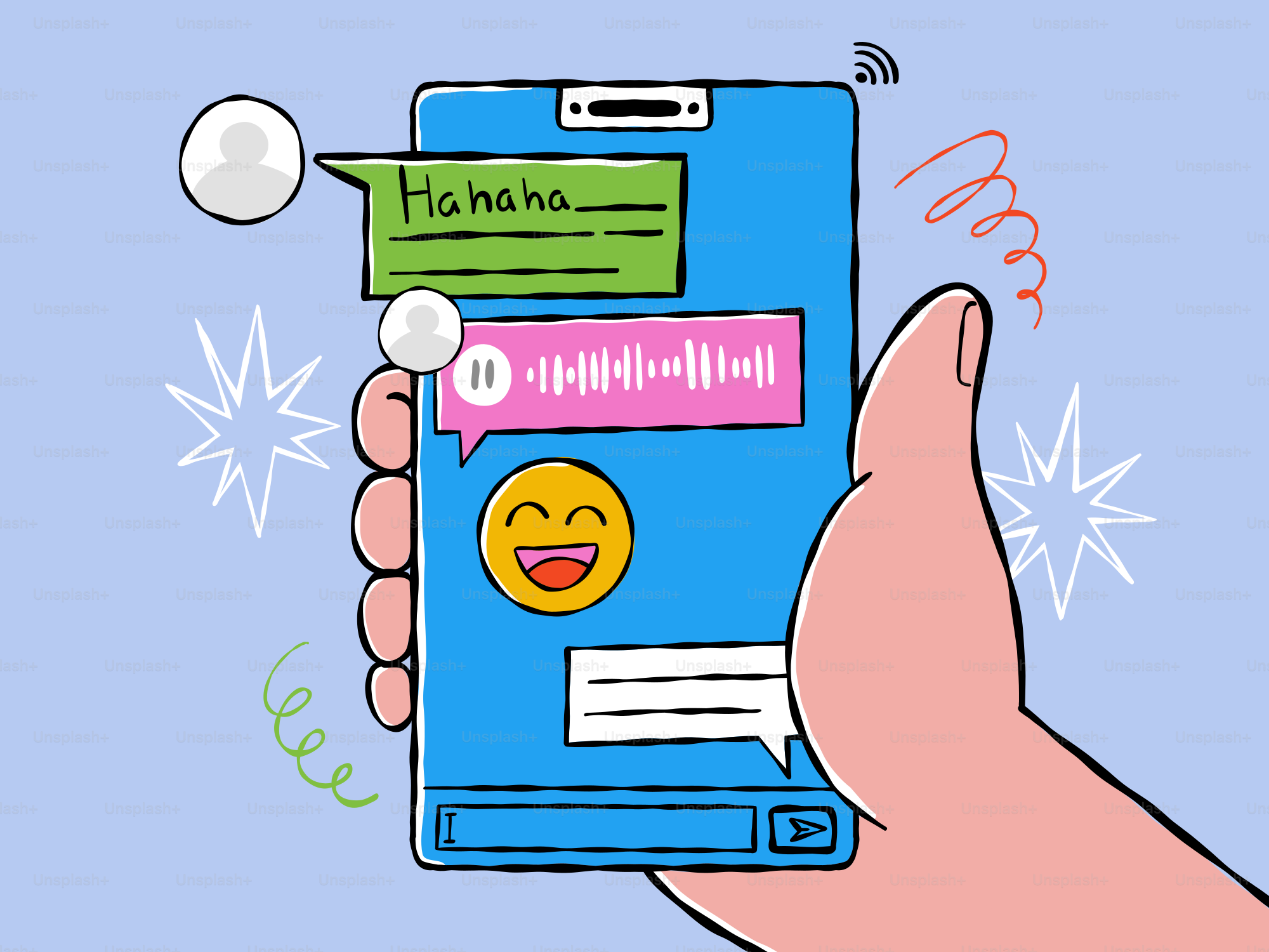 Smartphone com a mão e mensagens de chat exibidas