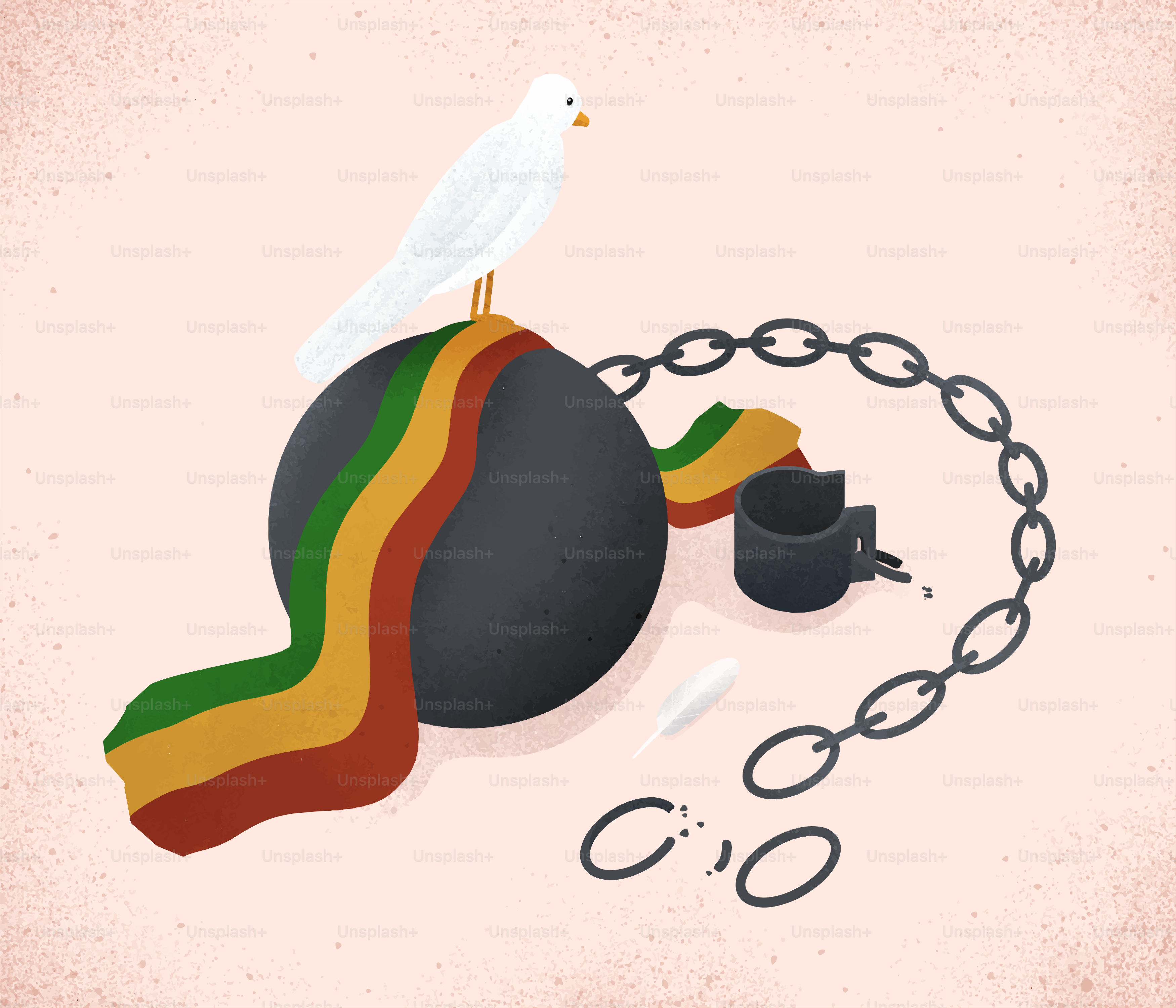 Pomba-branca repousa sobre bola e corrente quebradas.