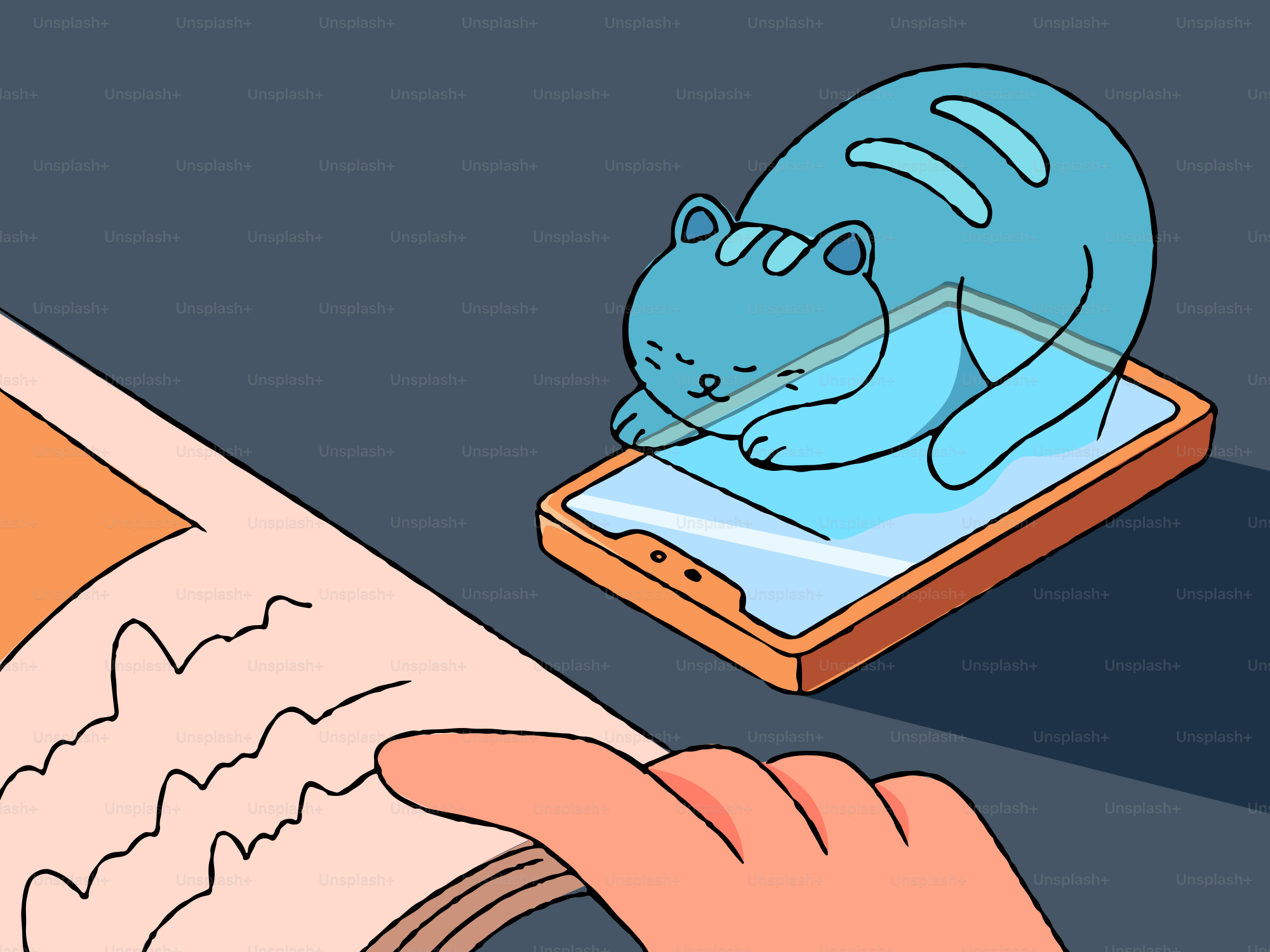 Seekor kucing biru tidur di layar smartphone.