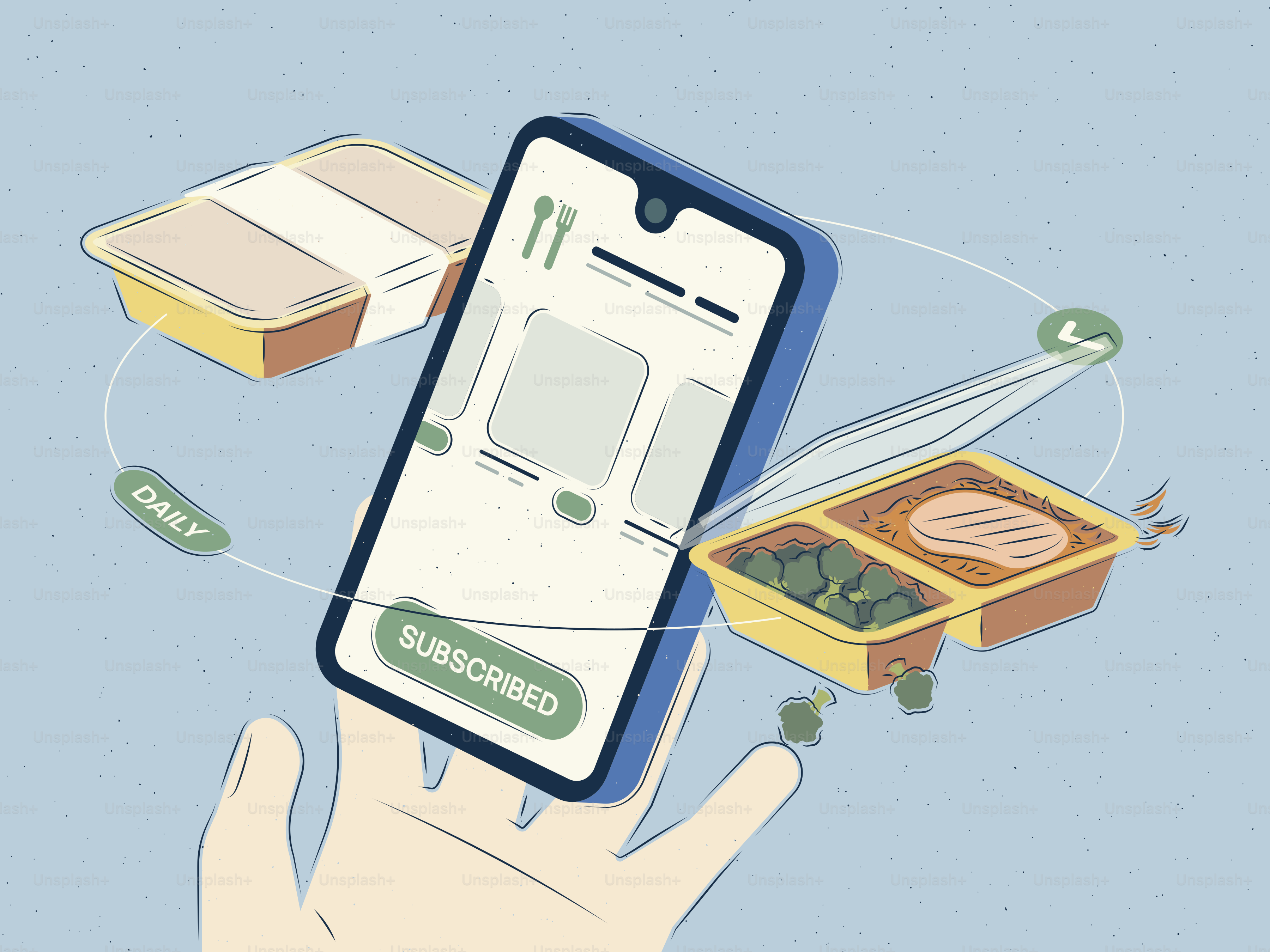 Lo smartphone mostra l'abbonamento alla consegna pasti con contenitori alimentari.