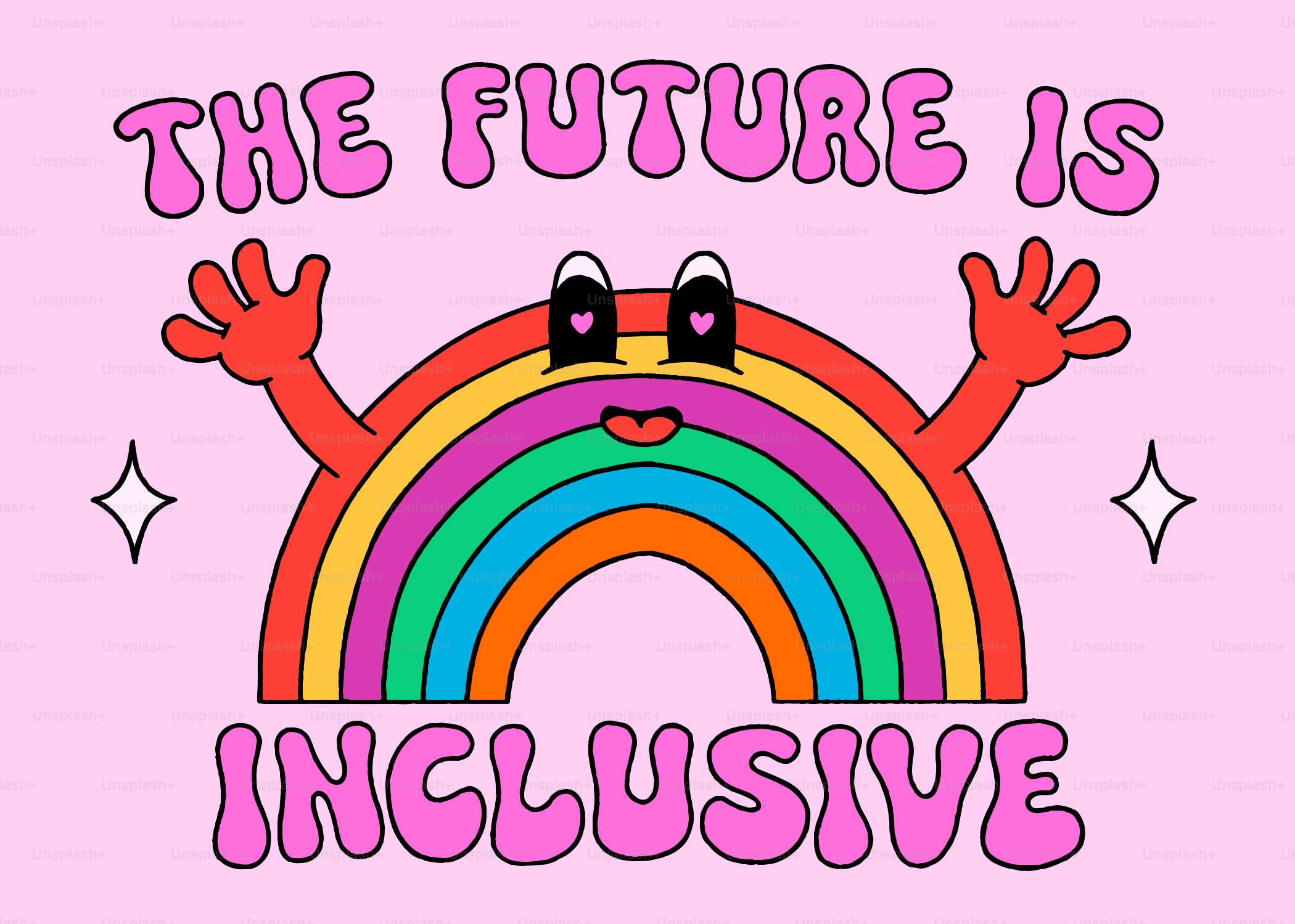 Ein Cartoon-Regenbogen mit dem Text "Die Zukunft ist inklusiv".