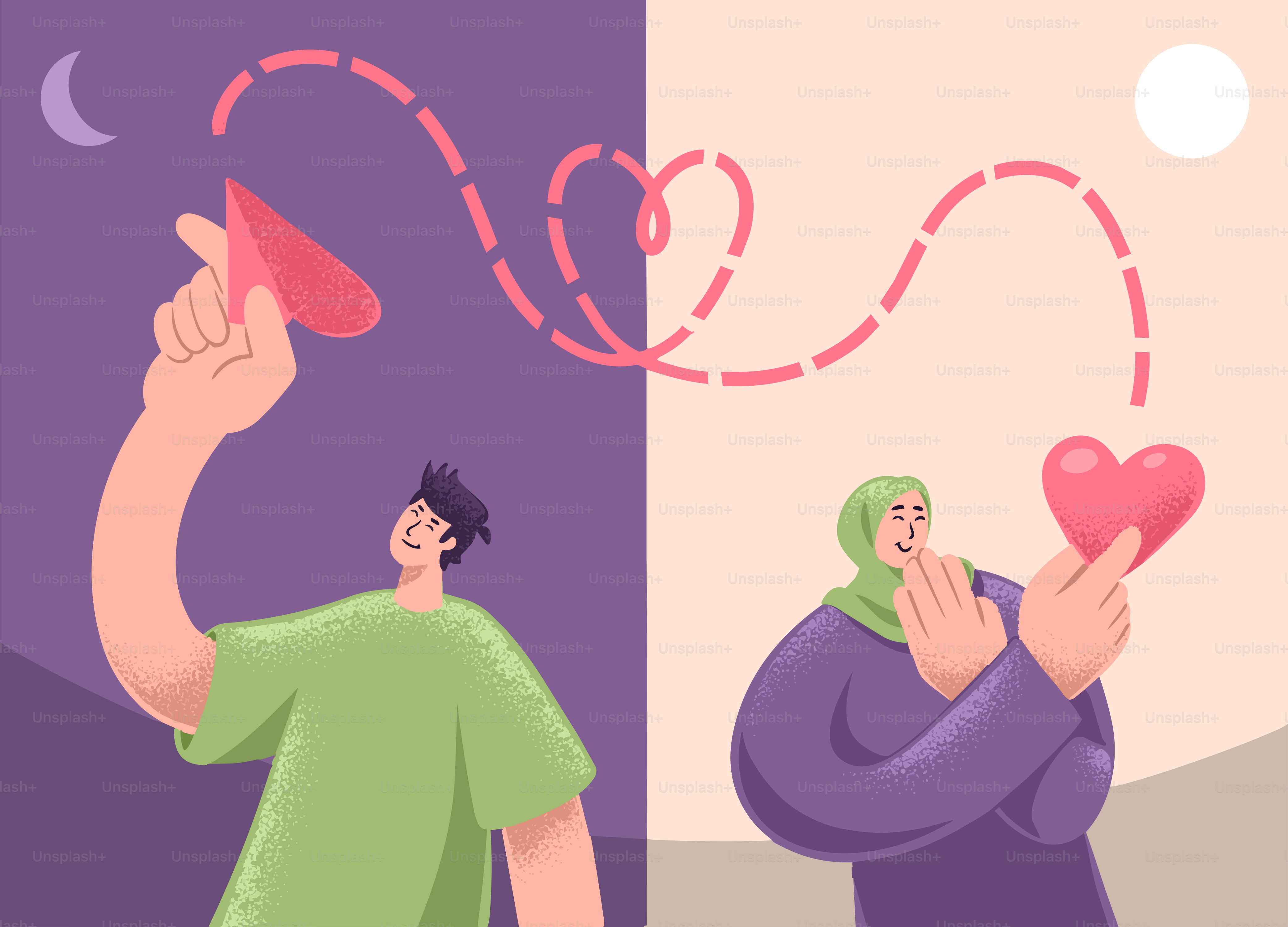 Two people connecting with hearts across day and night.