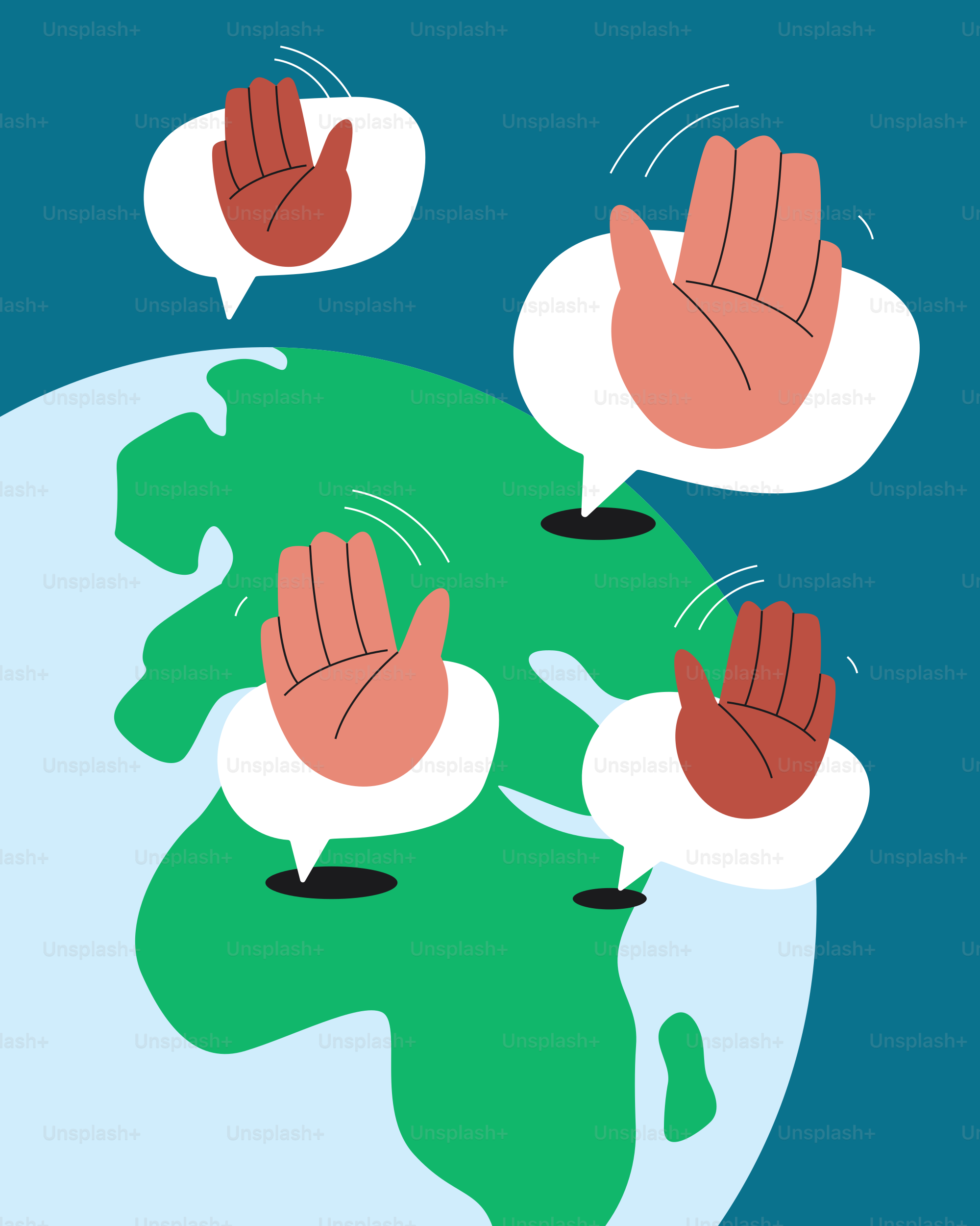 Hands in speech bubbles around the globe