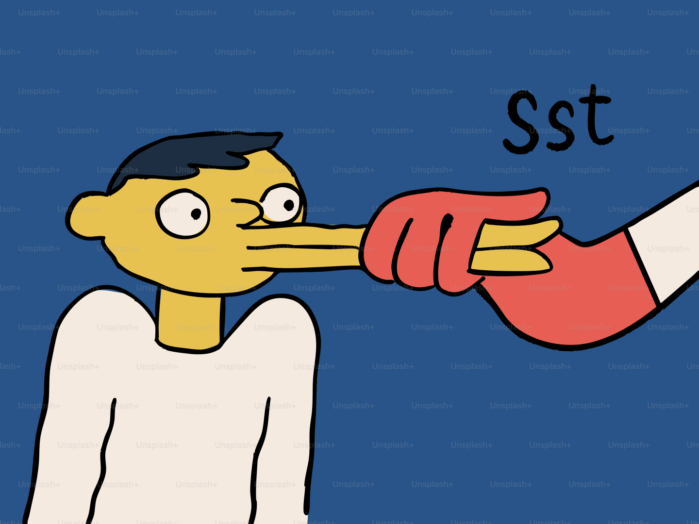 Una mano tirando de la nariz de un hombre con un mensaje 'sst'.