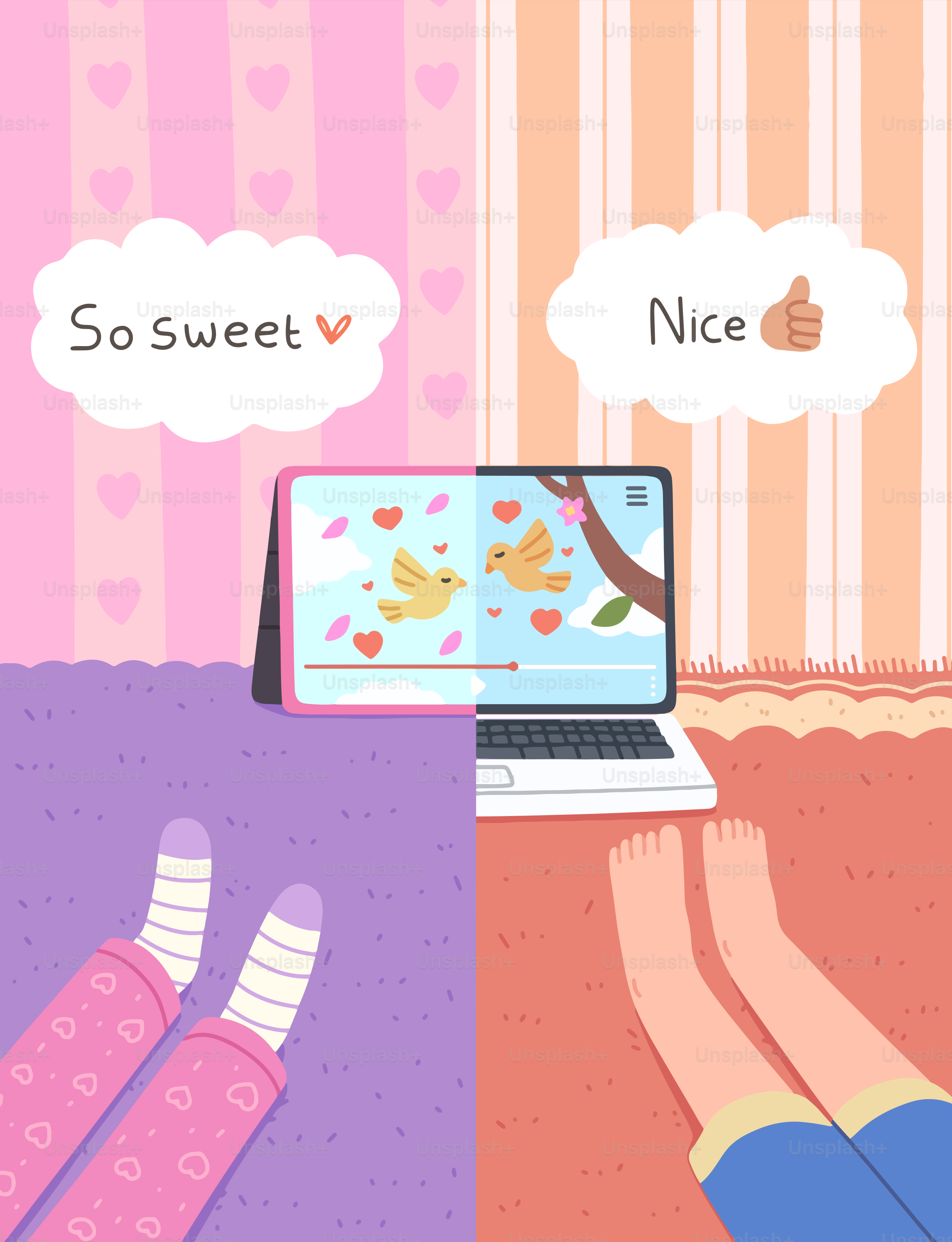 Duas pessoas se conectam online com mensagens doces.