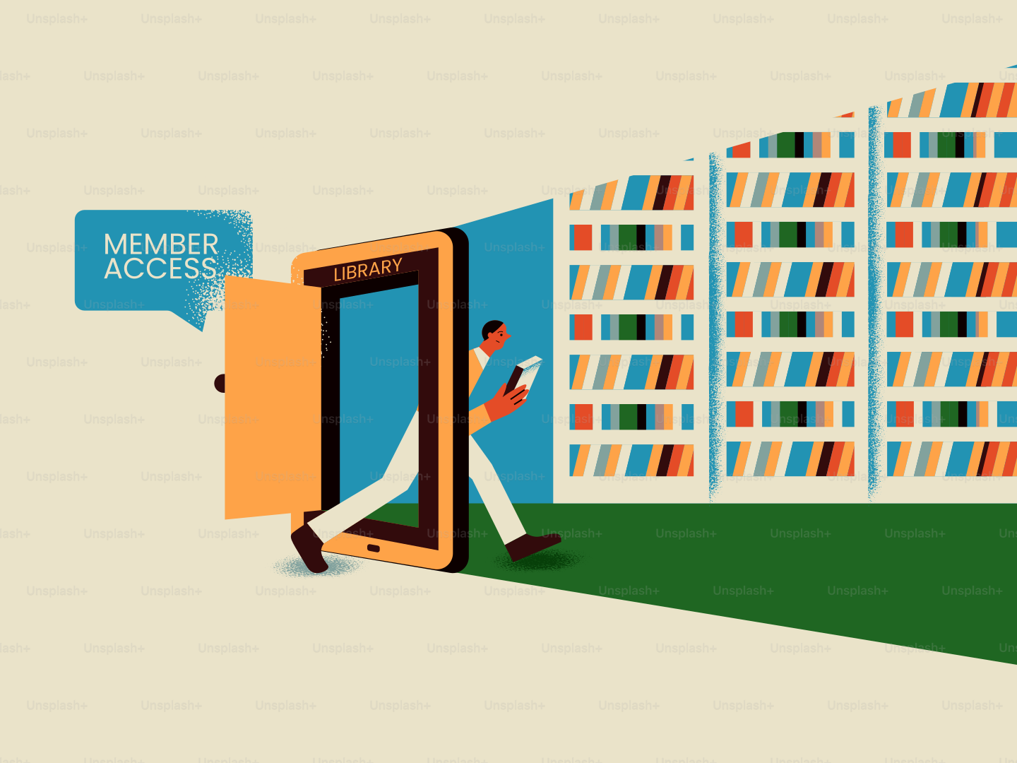 Man exiting tablet into library shelves