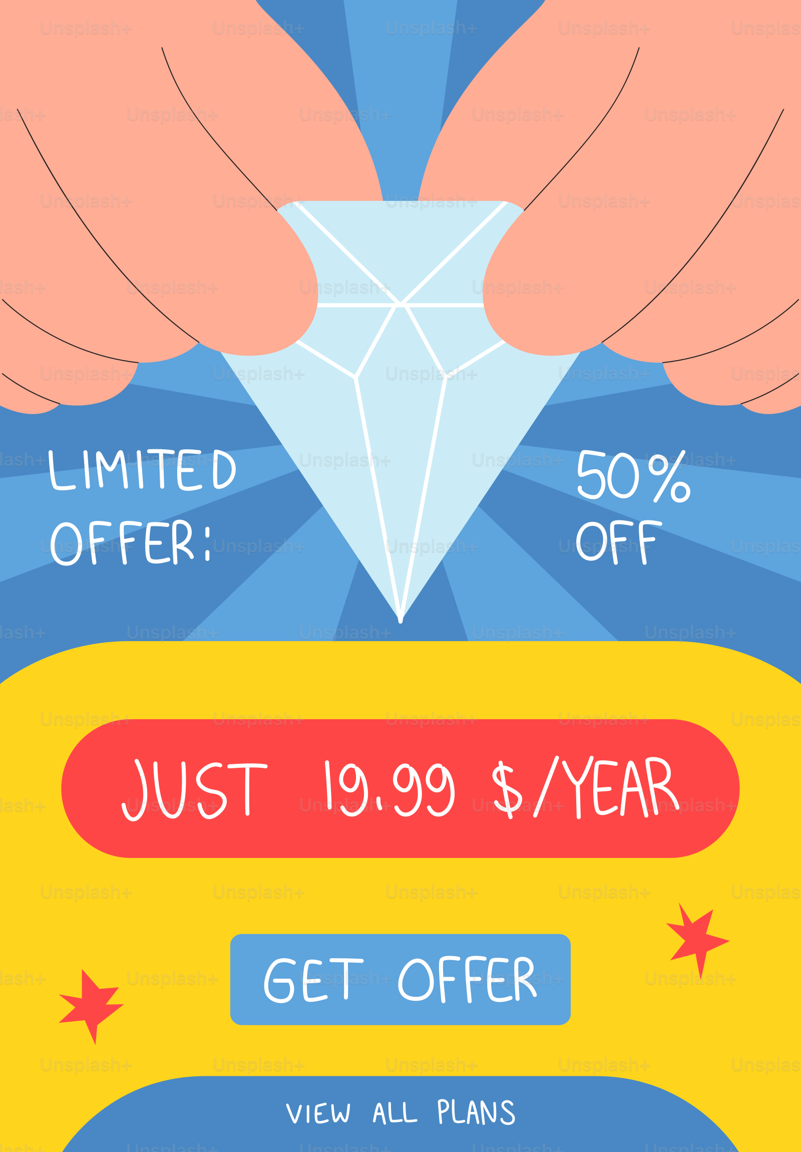 Mani che tengono un diamante con i dettagli dell'offerta.