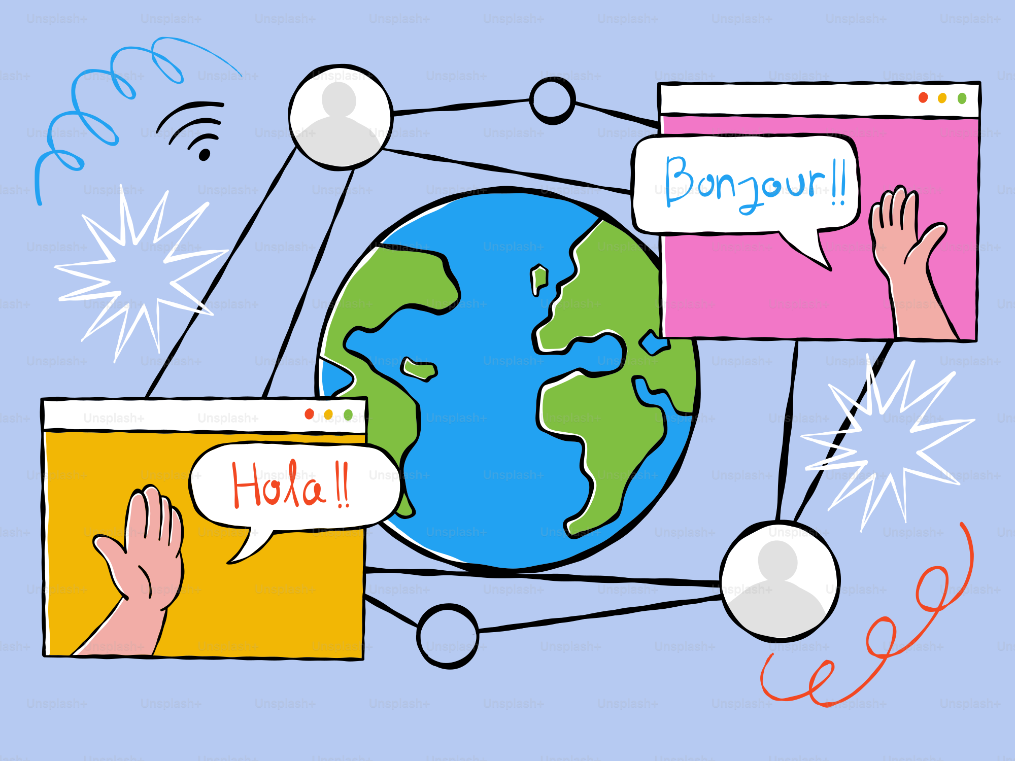 Comunicação global com diferentes idiomas conectando as pessoas.