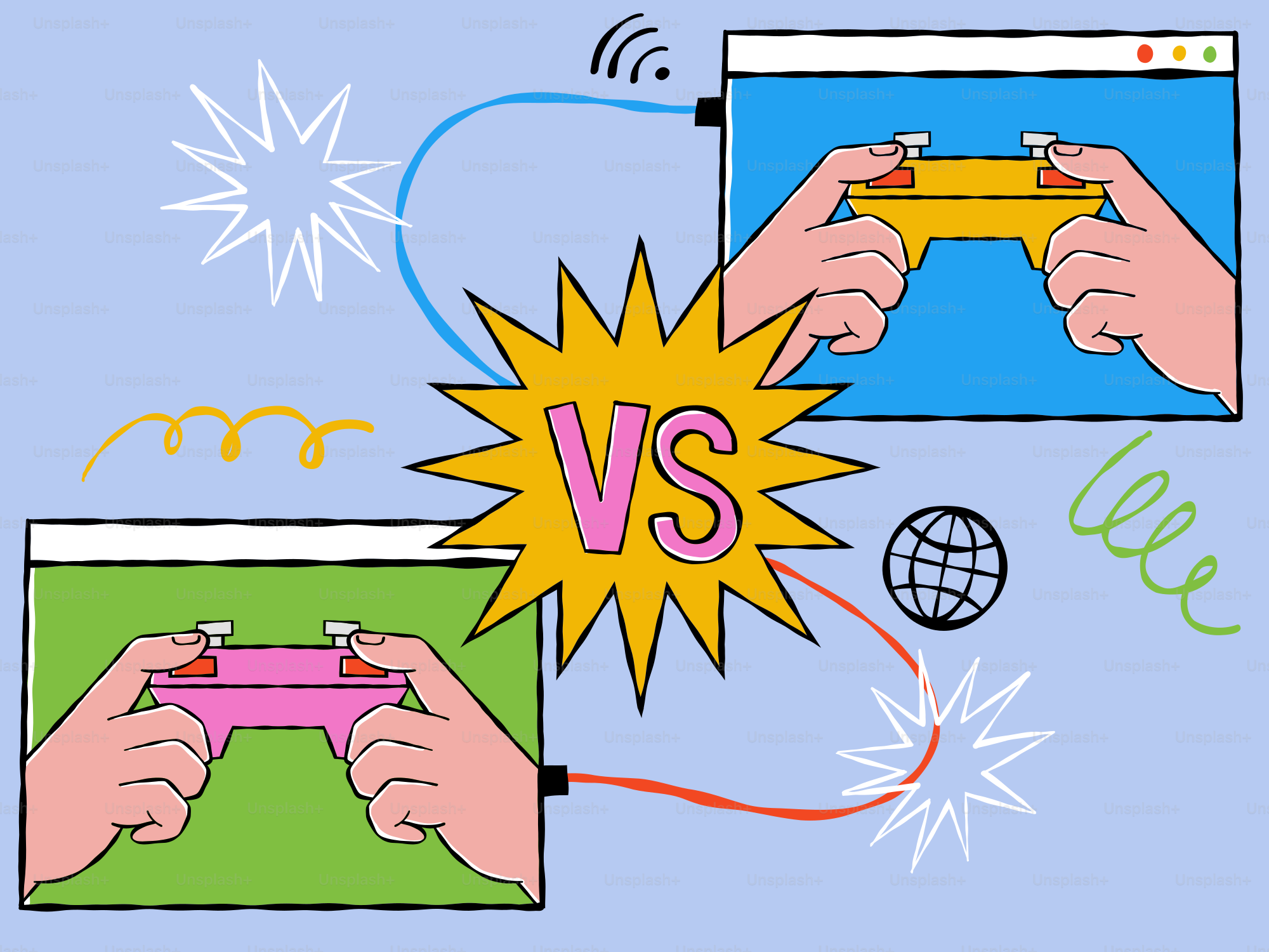 Duas mãos segurando controles de jogo com o VS no meio