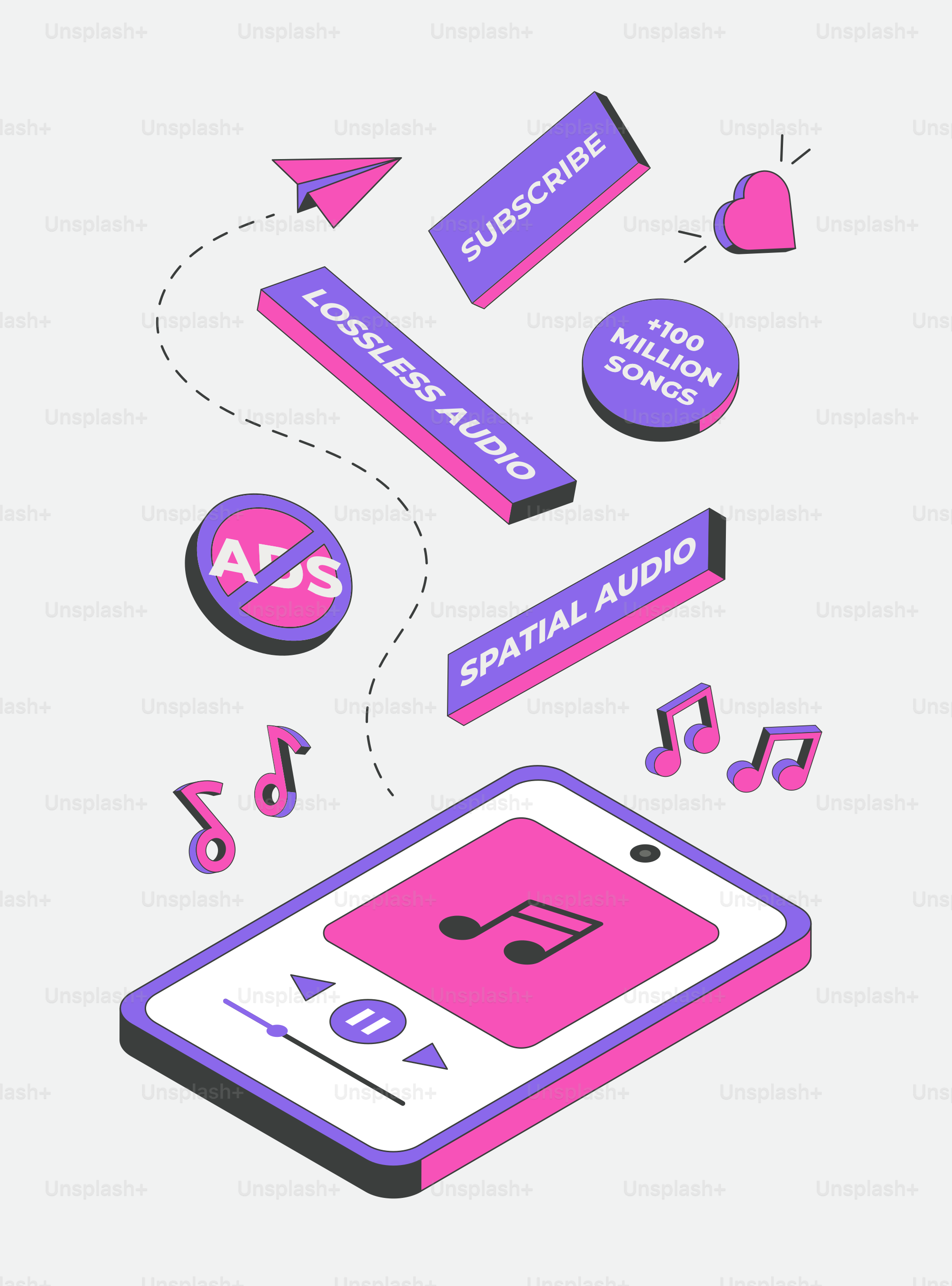 Fonctionnalités de l’application musicale avec des éléments de téléphone et de vol.