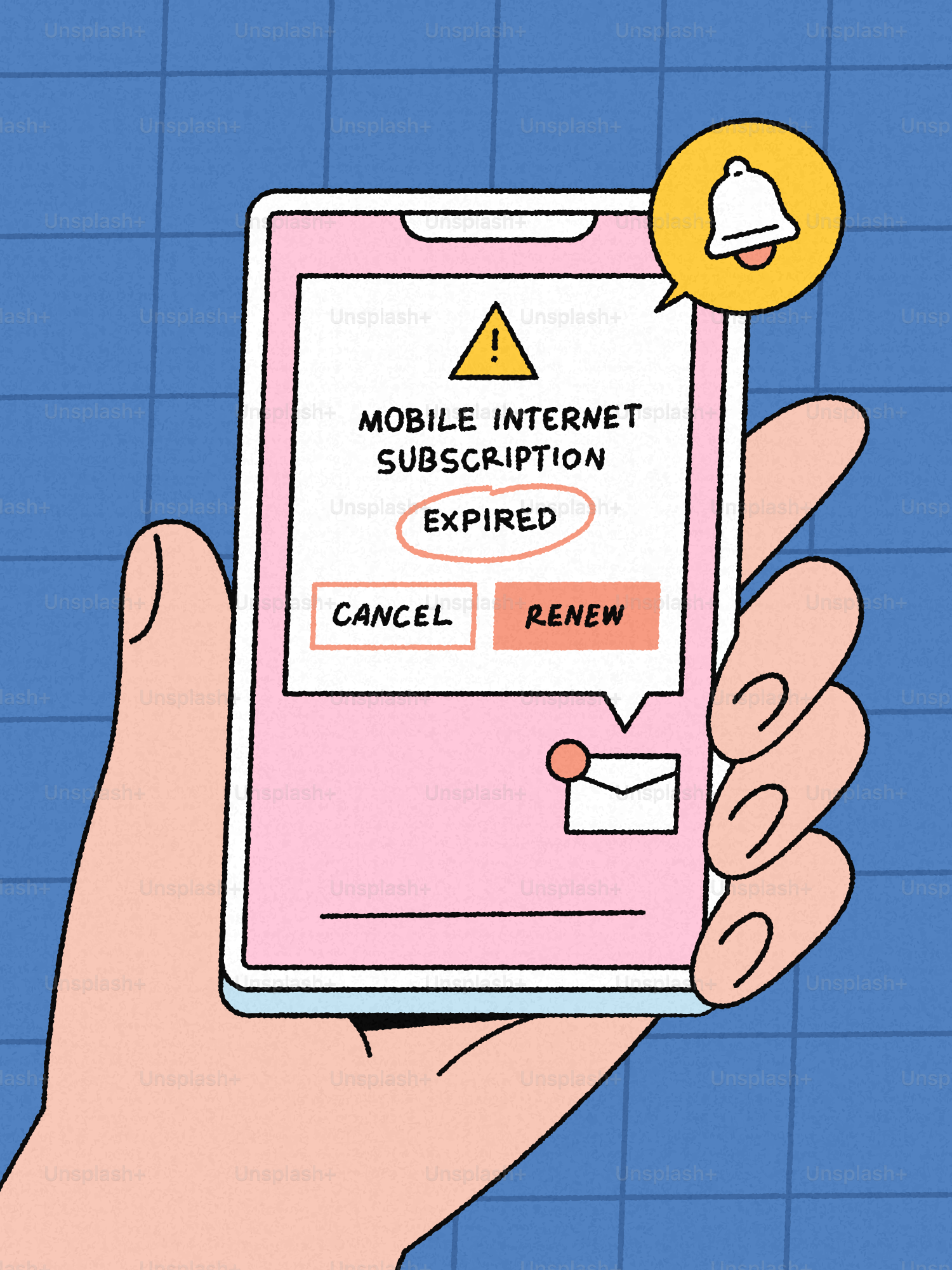 Teléfono de la mano con notificación de suscripción a internet caducada.