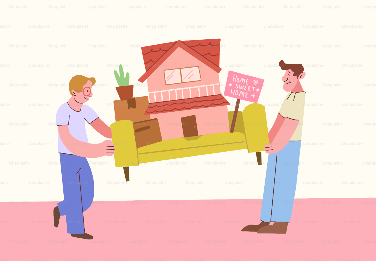 Zwei Männer tragen ein Sofa mit einem Haus darauf
