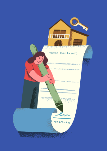 Woman signing a home contract with house and key.