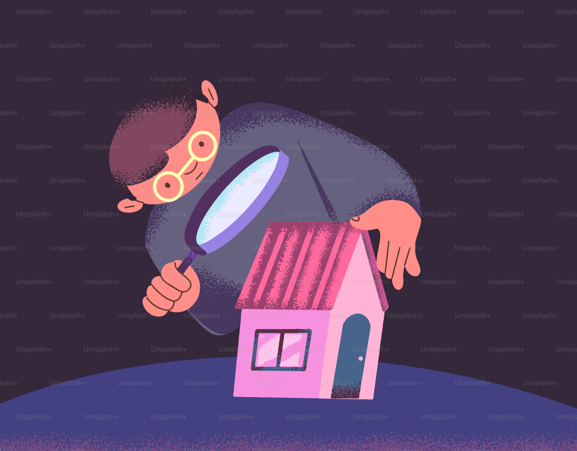 Mann inspiziert kleines rosa Haus mit einer Lupe
