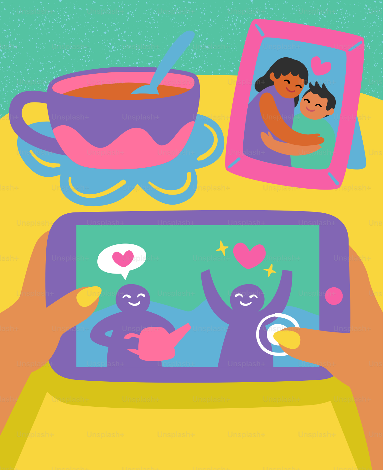 Mani che tengono uno smartphone che mostra un disegno digitale