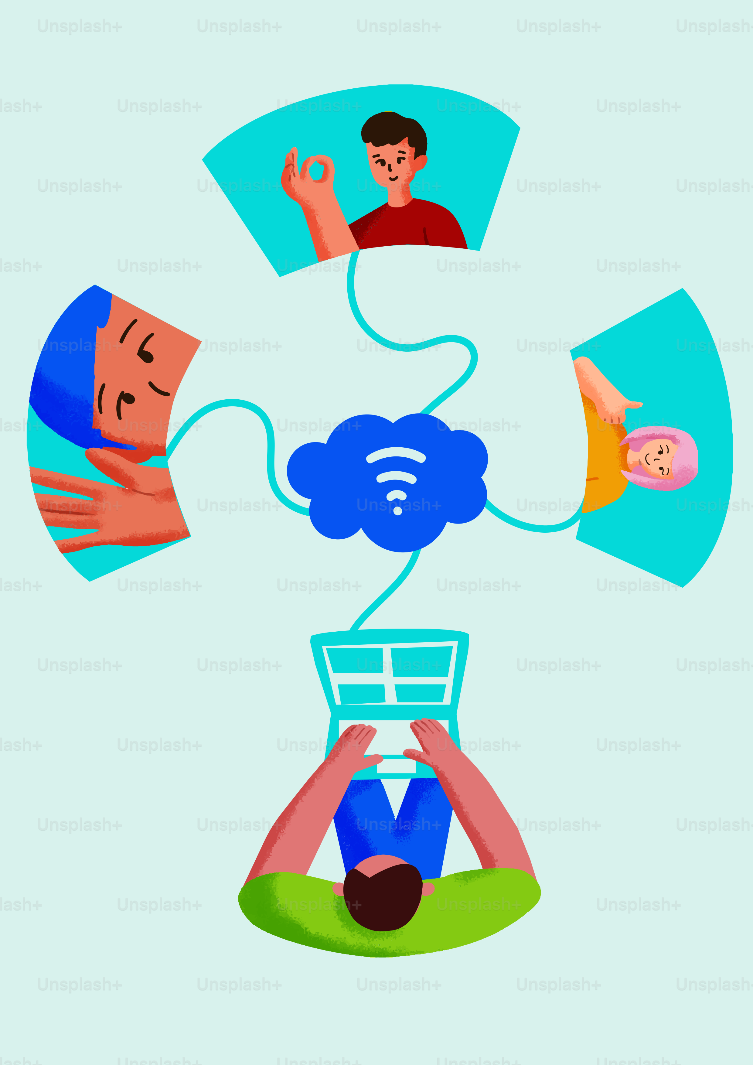 Des gens qui se connectent en ligne via un cloud et un ordinateur portable.
