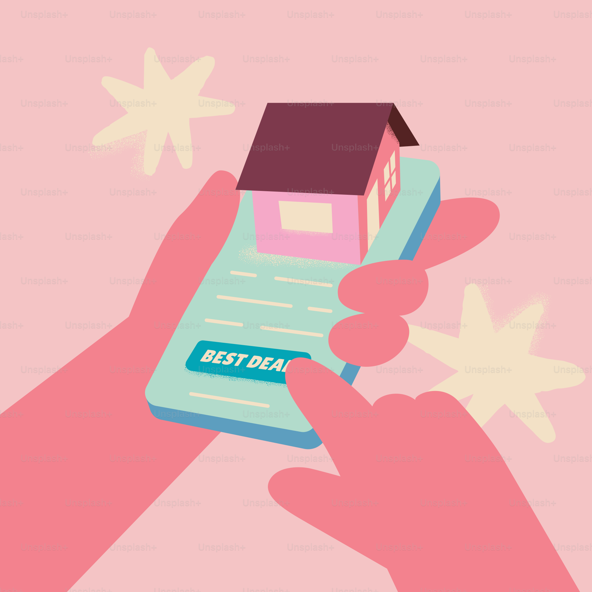 Hands holding phone with house and best deals button