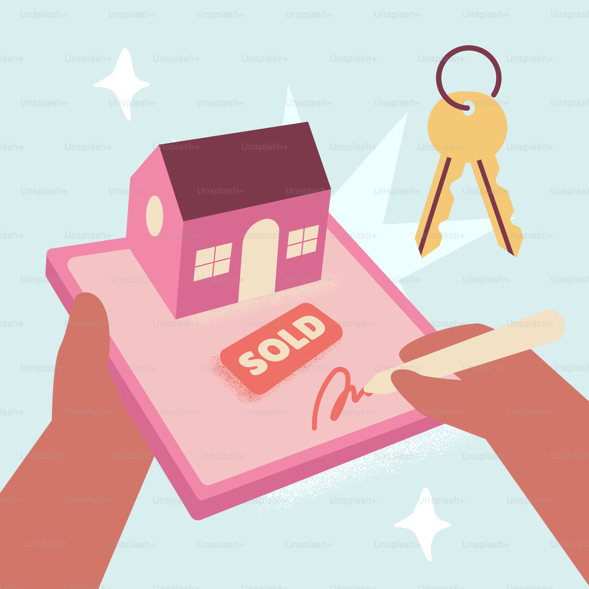 Personne signant pour une maison avec panneau vendu et clés.