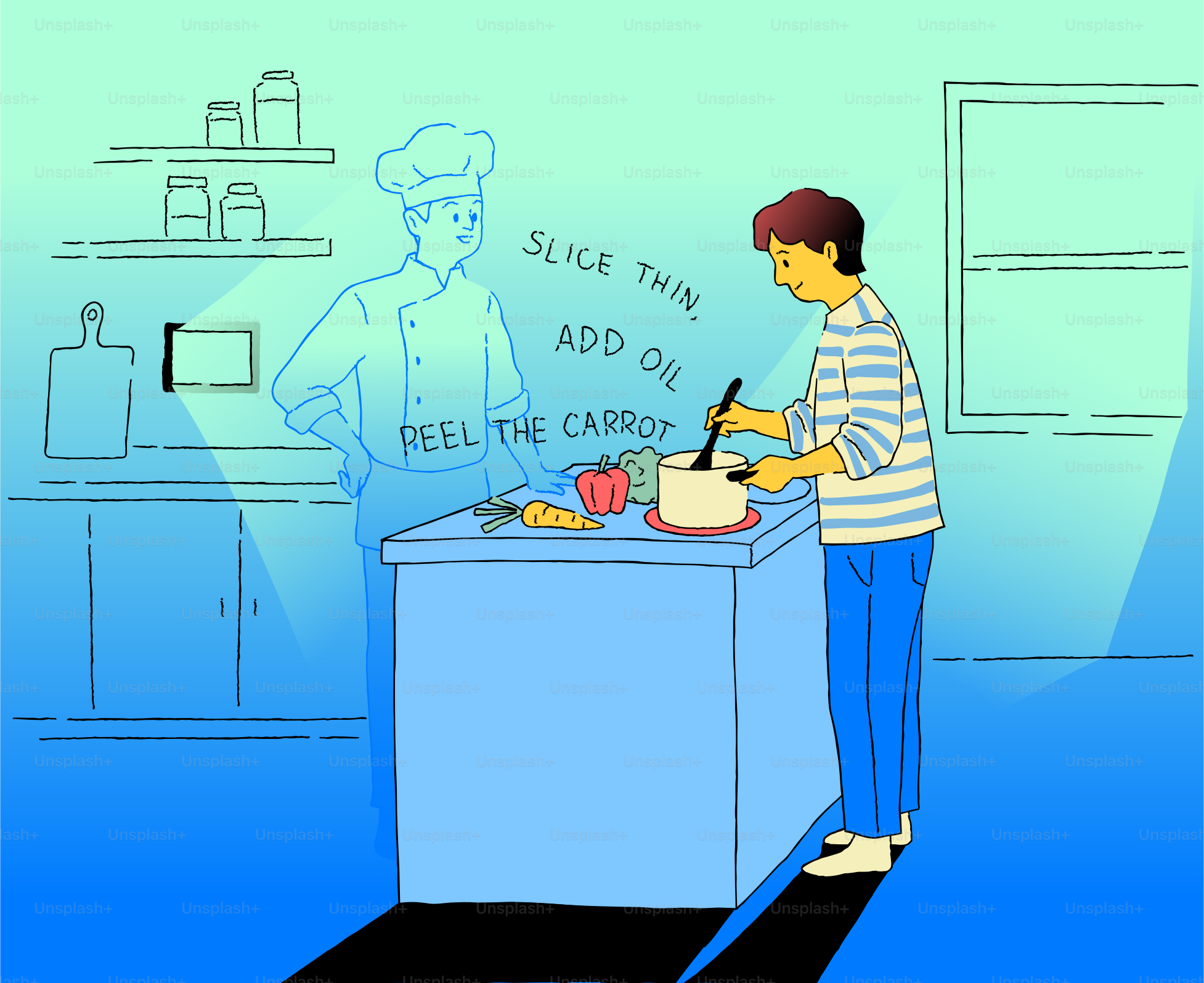Pessoa cozinhando com instruções do chef
