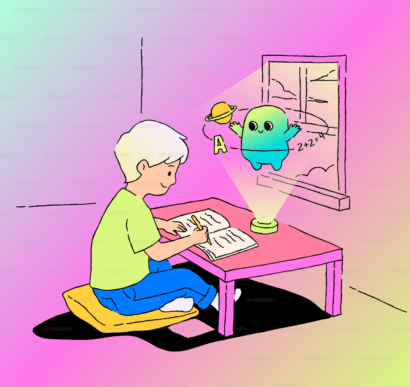 Garoto estudando com um tutor alienígena holográfico