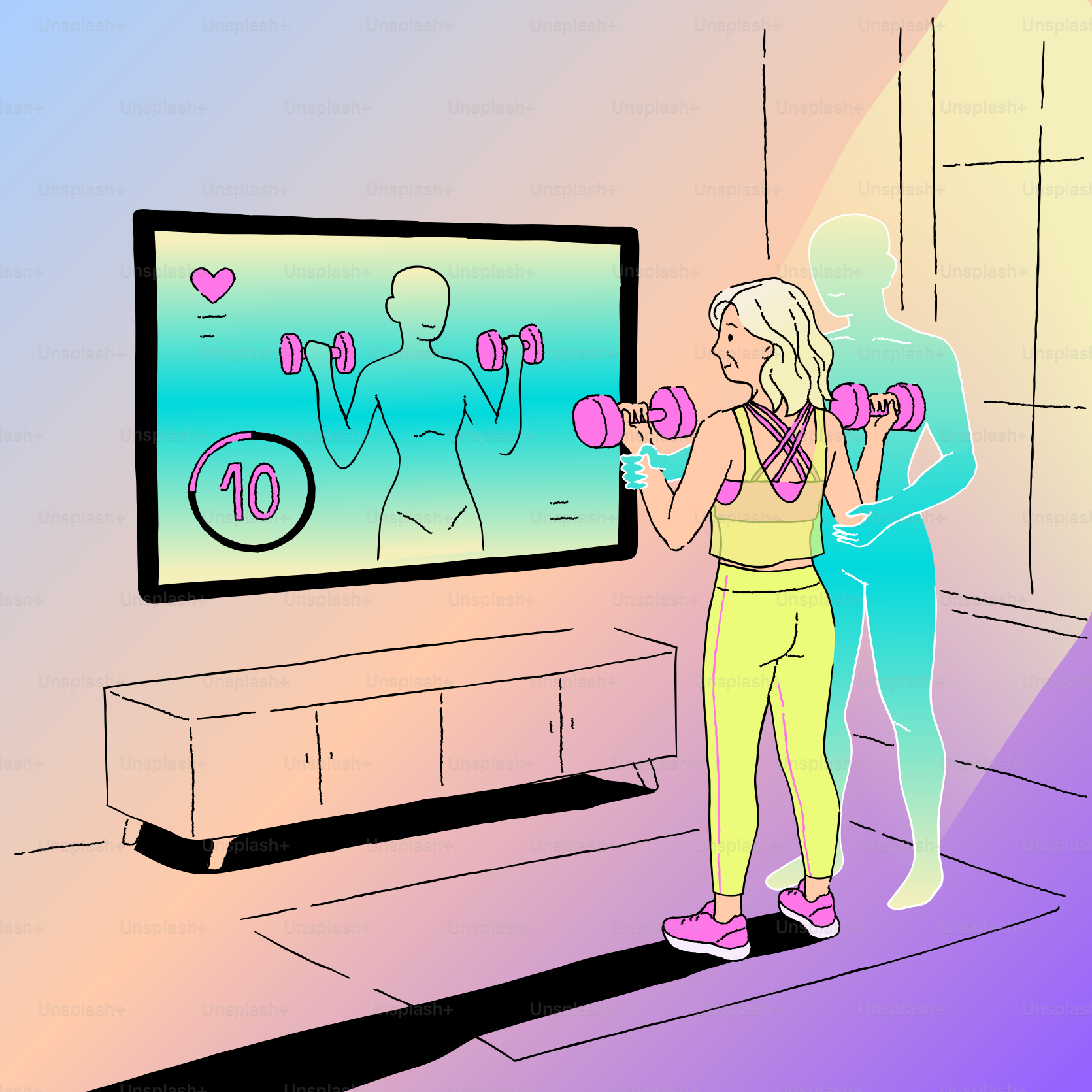 Mulher se exercitando com halteres após aula de fitness online.