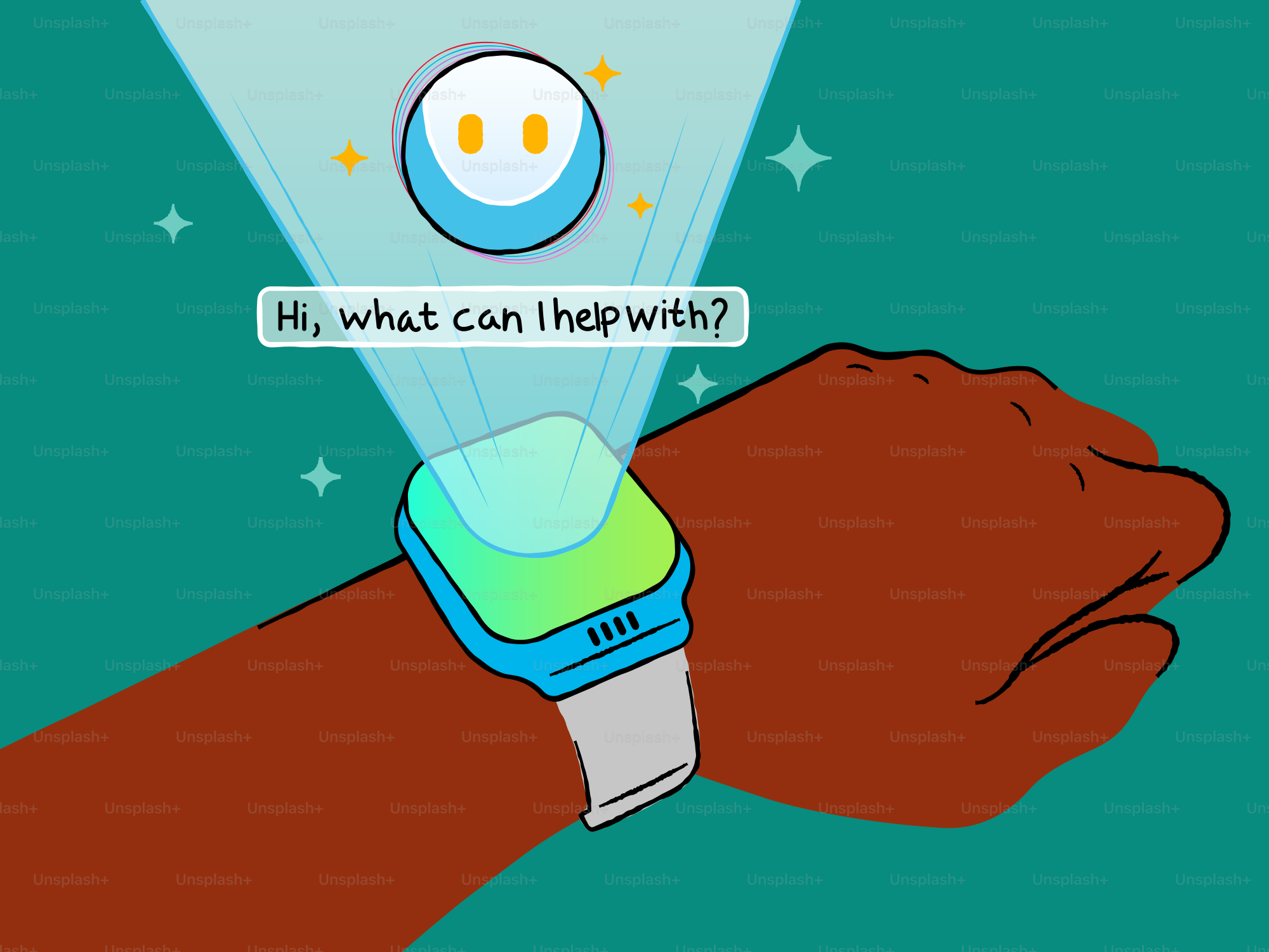 O smartwatch exibe um assistente de IA holográfico pedindo ajuda.