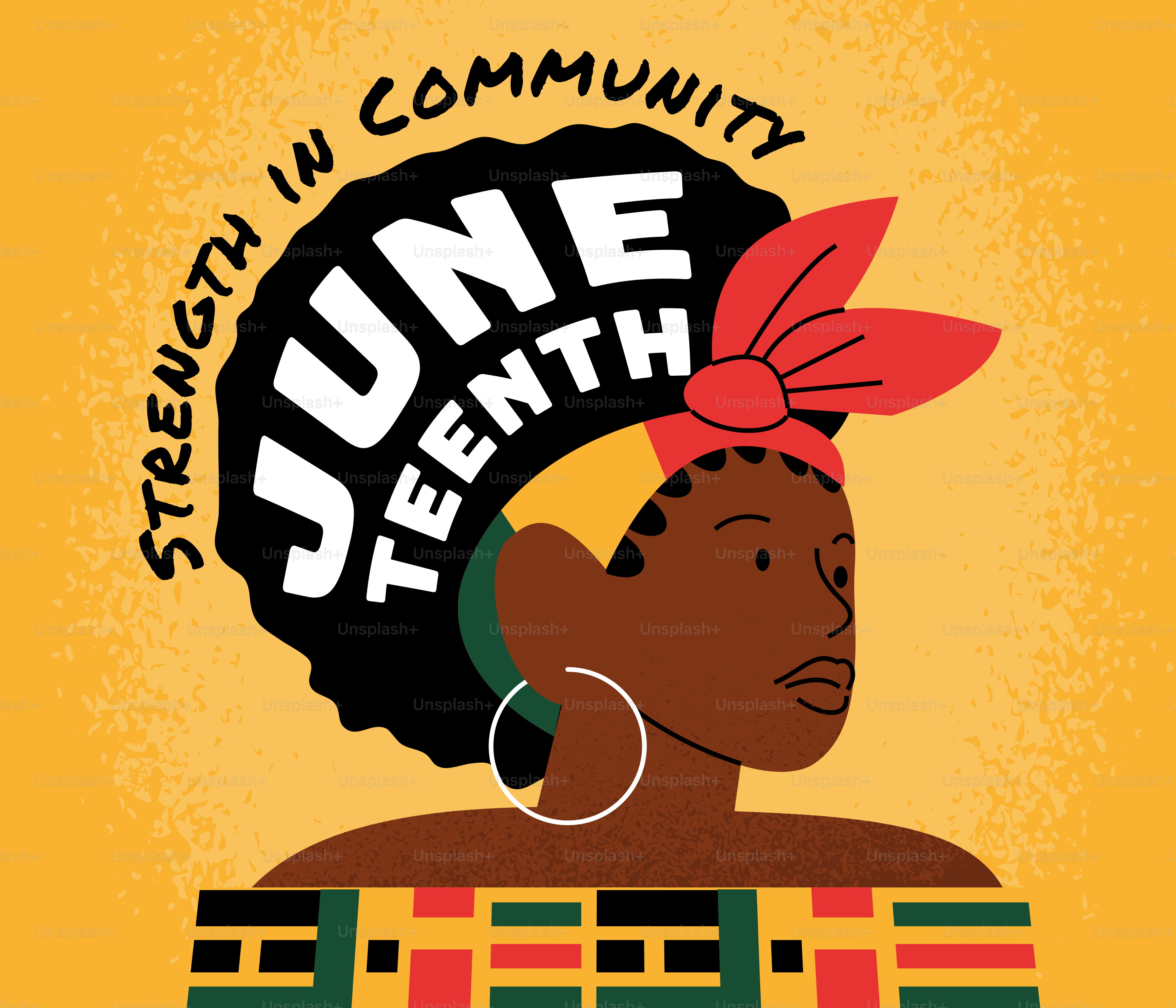 Juneteenth celebration with woman in headwrap and colorful pattern