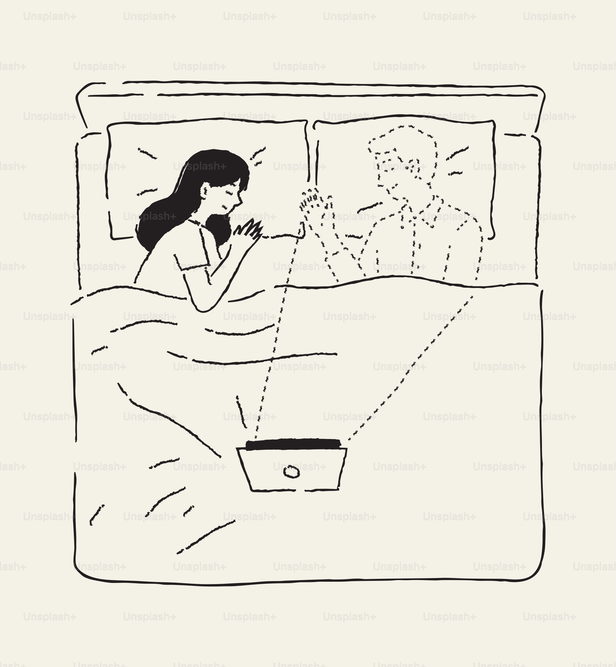 Mulher na cama fazendo videochamada para um homem