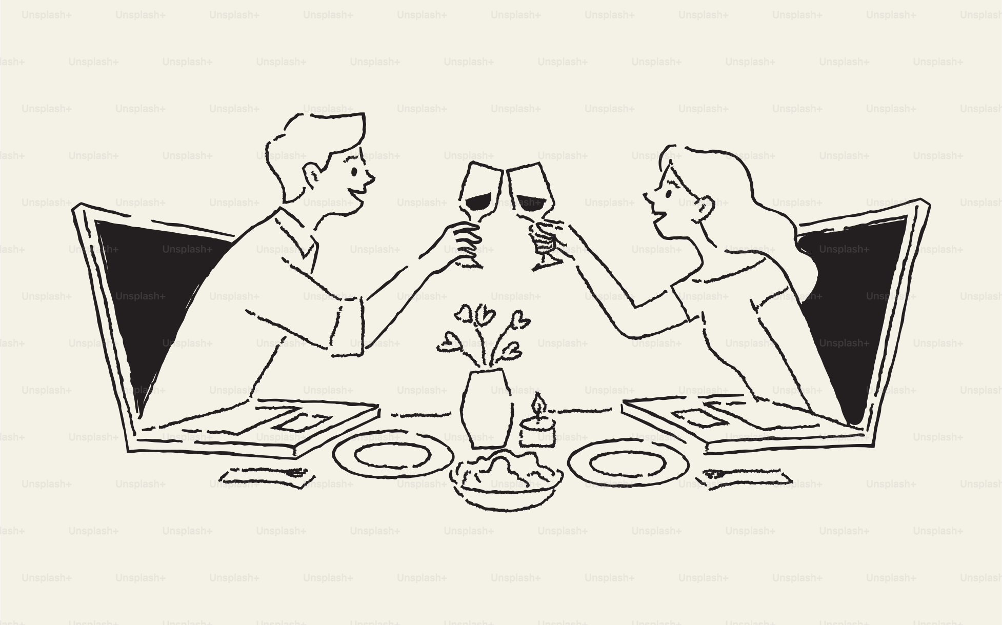 Casal brindando taças de vinho através de telas de laptop