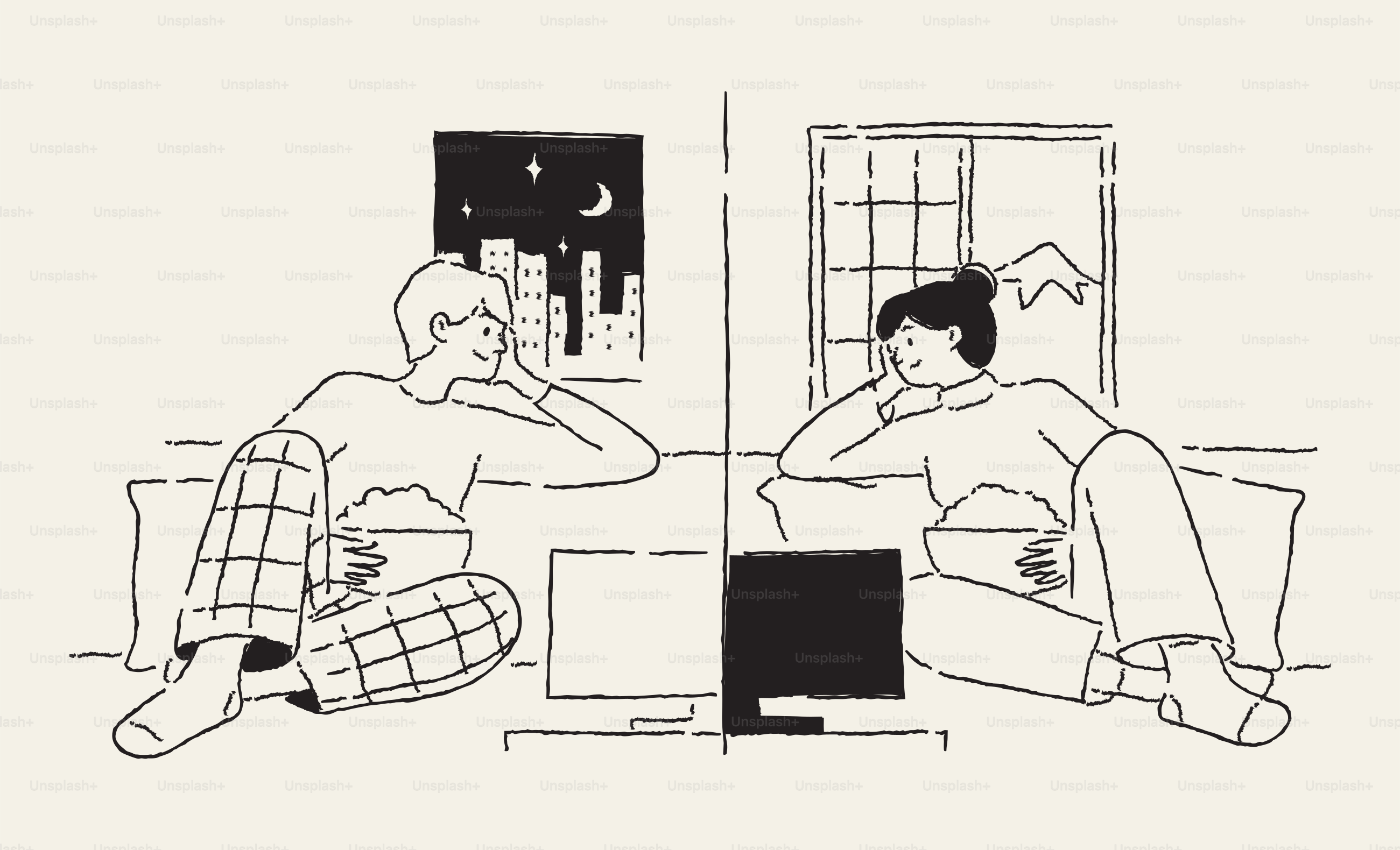 Casal assistindo TV separadamente em quartos diferentes