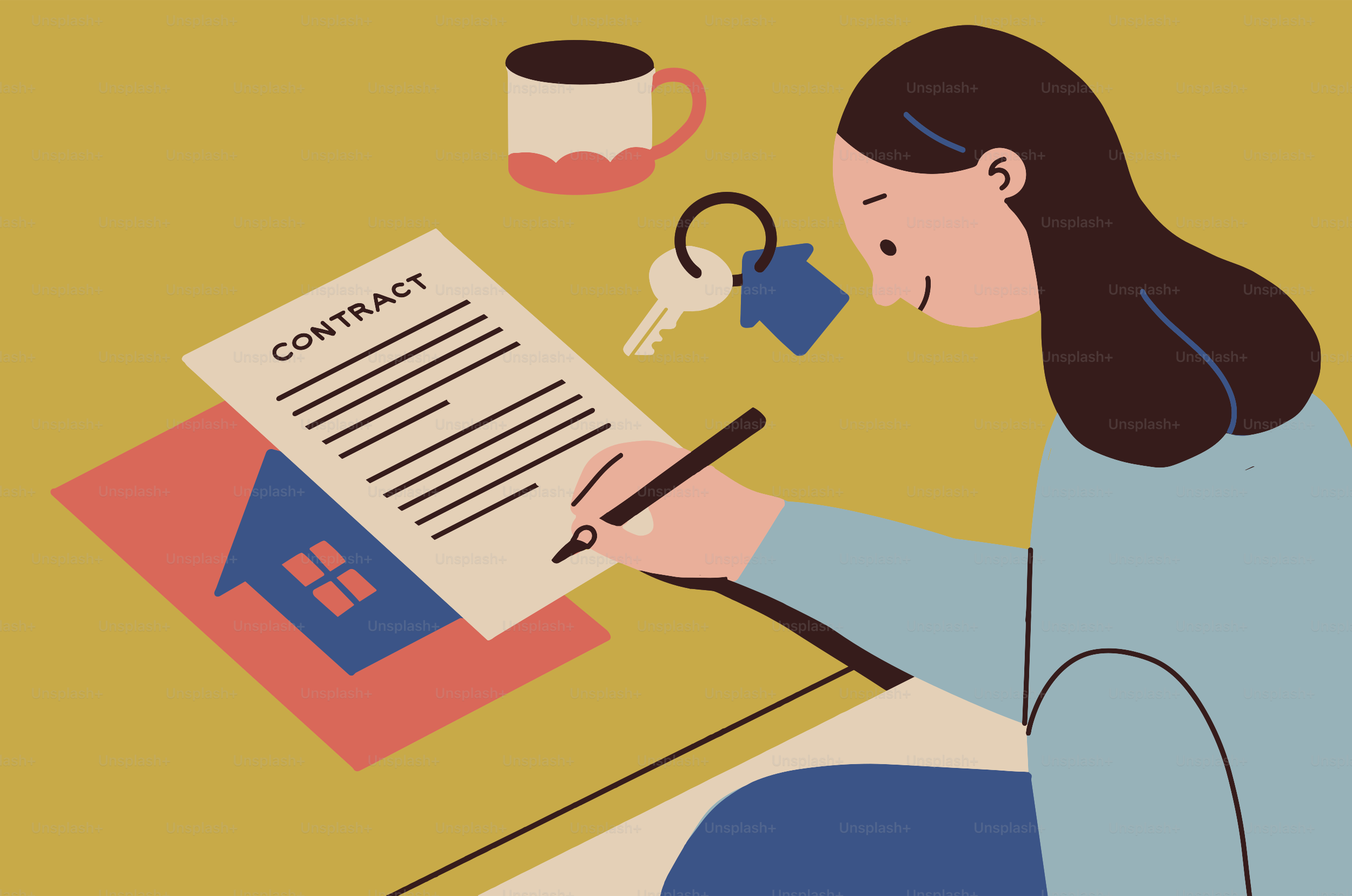 Donna che firma un contratto con chiavi e simbolo della casa.