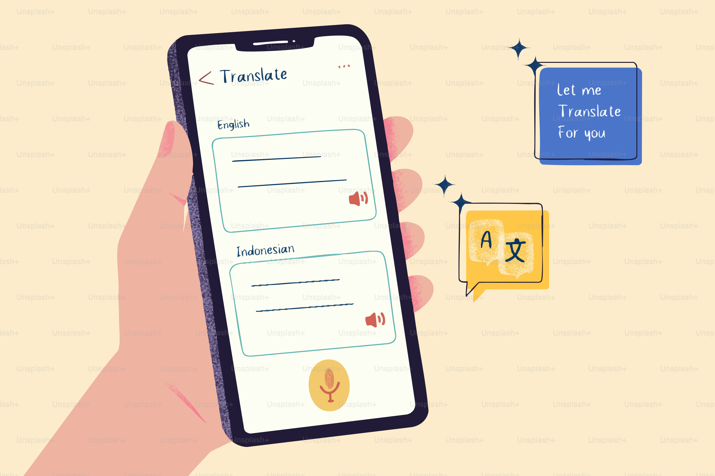 Smartphone com a mão e aplicativo de tradução aberto
