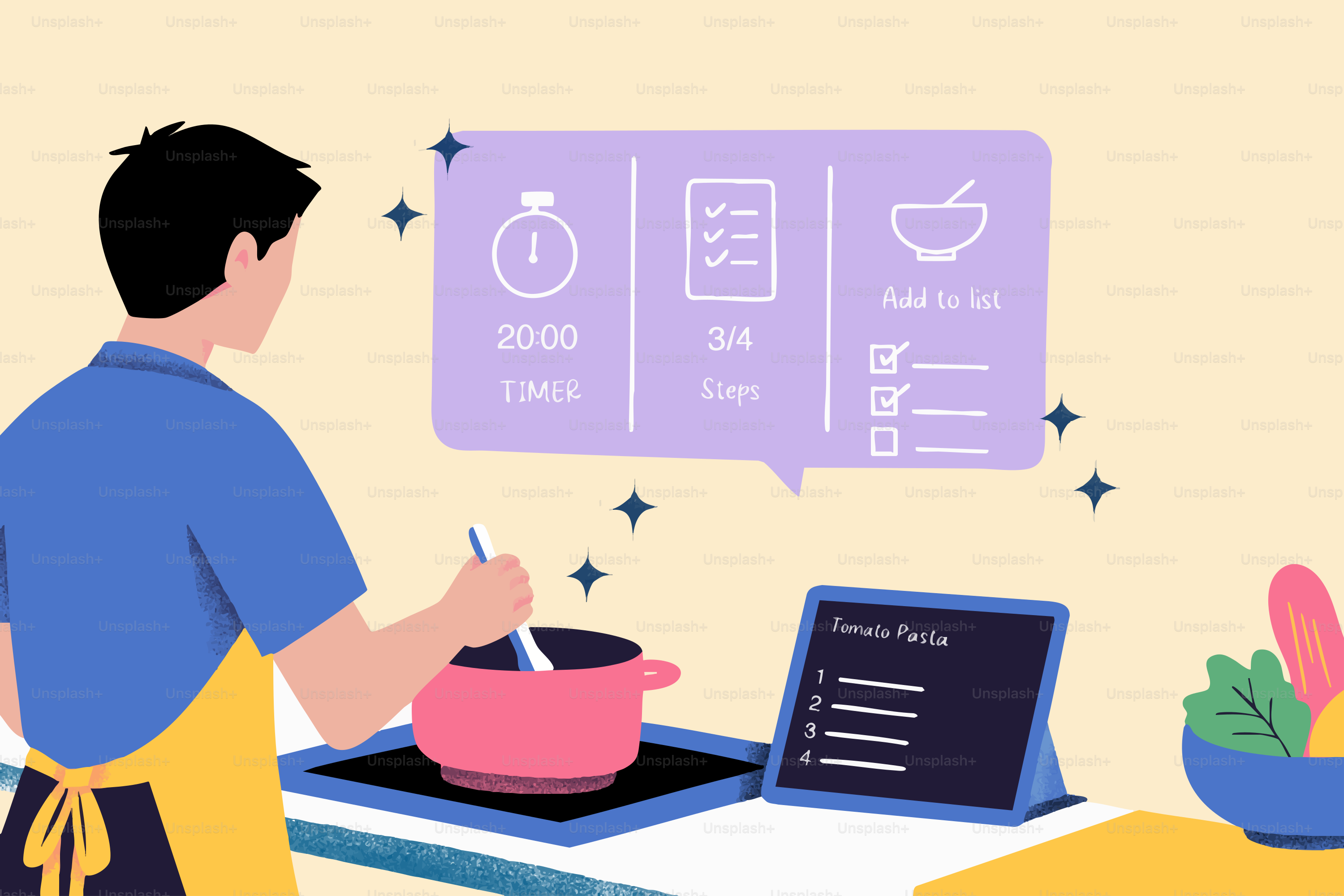 Homem cozinhando com receita digital no tablet
