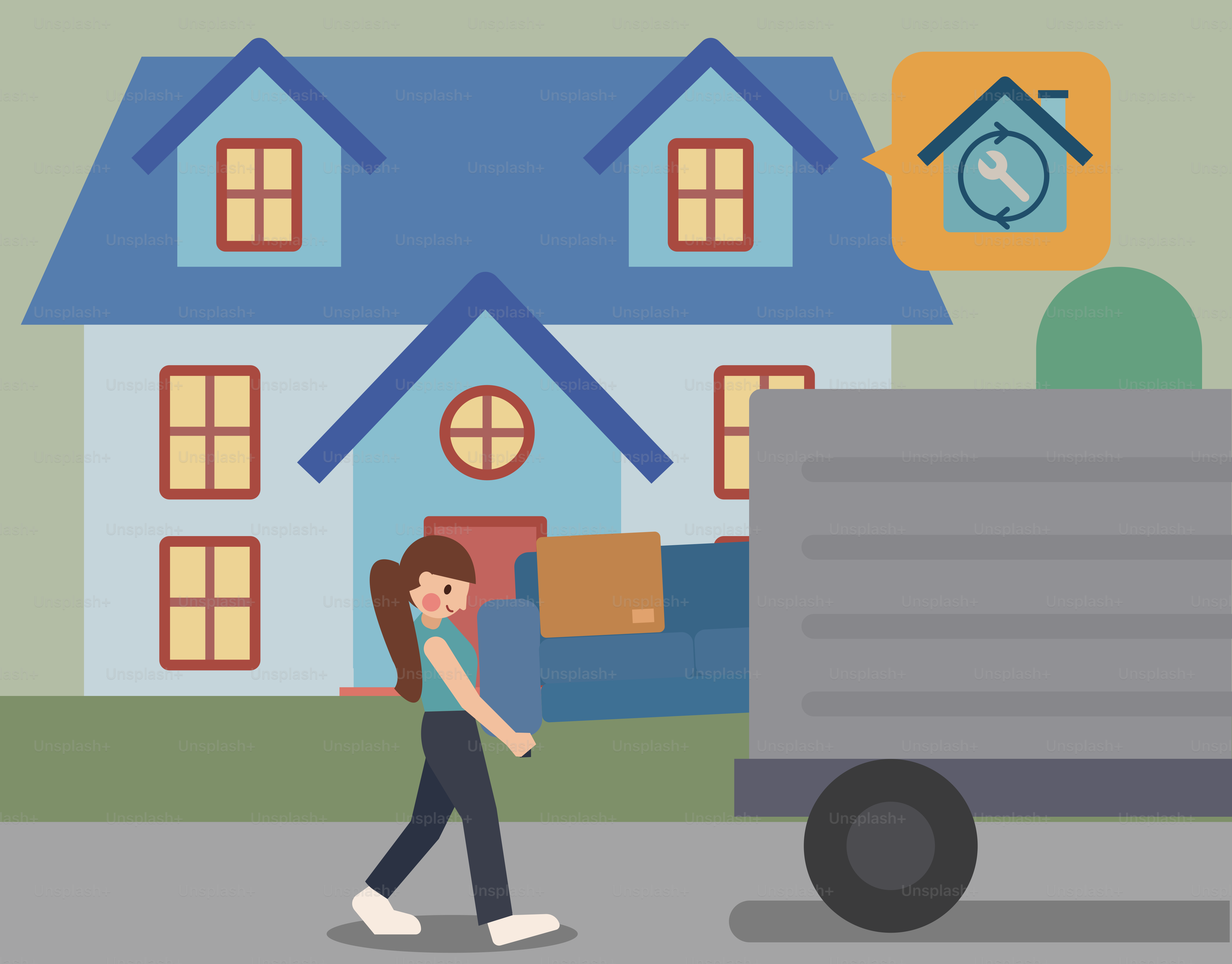 Wanita berjalan di dekat rumah dengan truk yang bergerak
