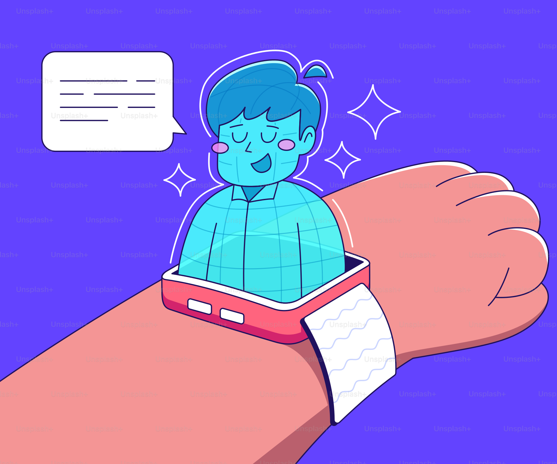 Avatar holografik ditampilkan pada antarmuka jam tangan pintar.