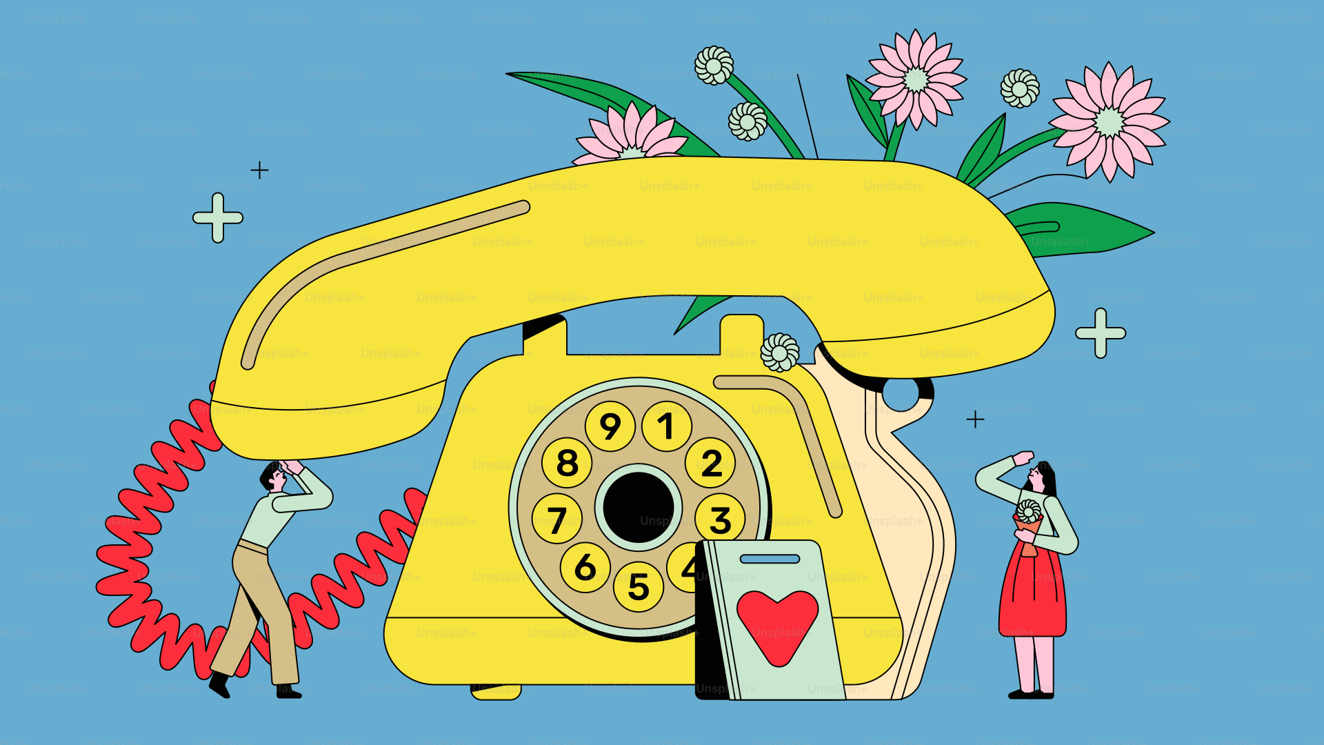 Teléfono retro amarillo de disco con flores y pequeñas figuras