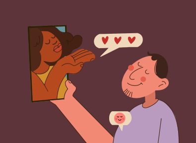 Couple connecting through video call with heart emojis.