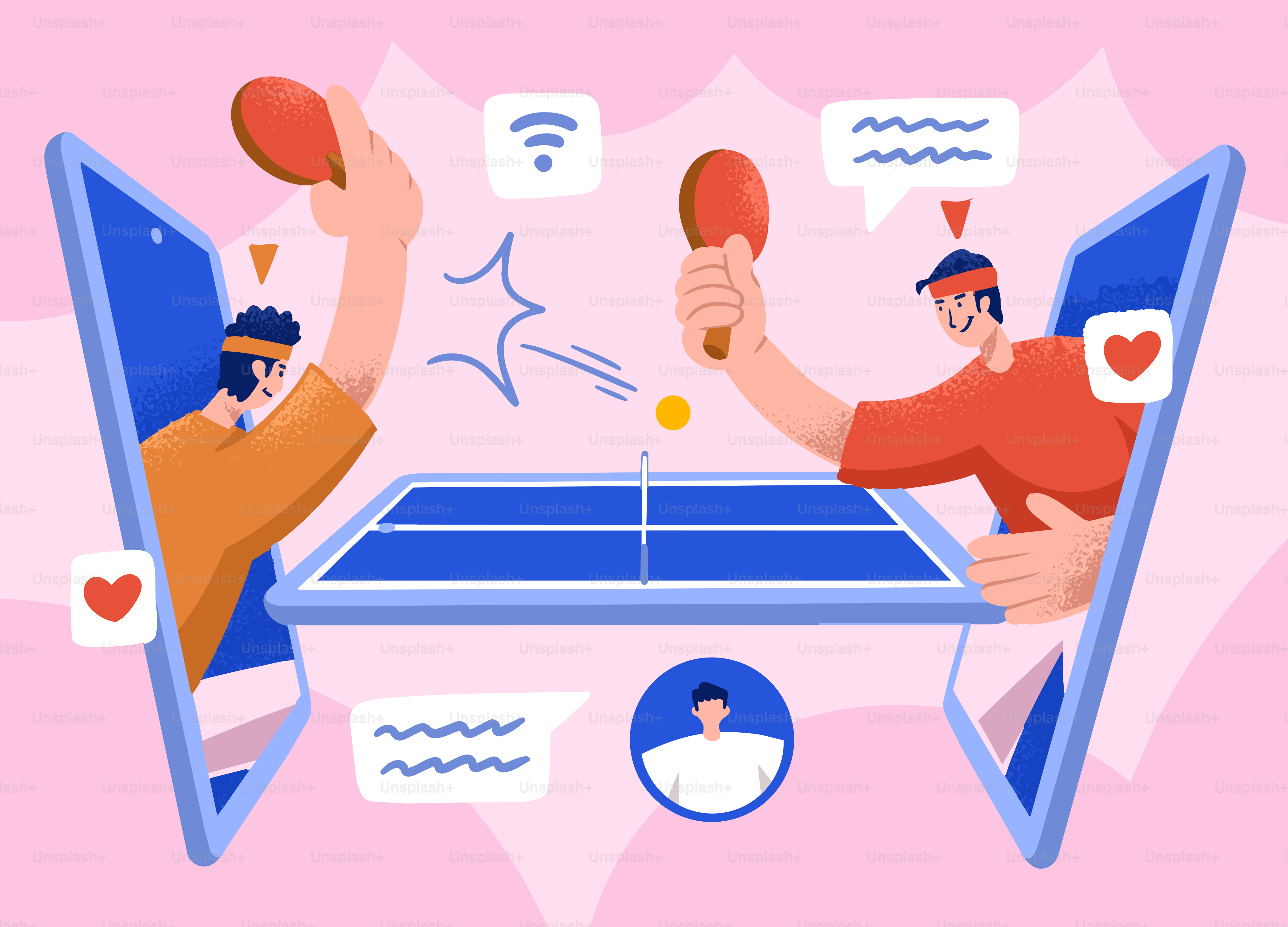 Dos hombres jugando al tenis de mesa con móviles.